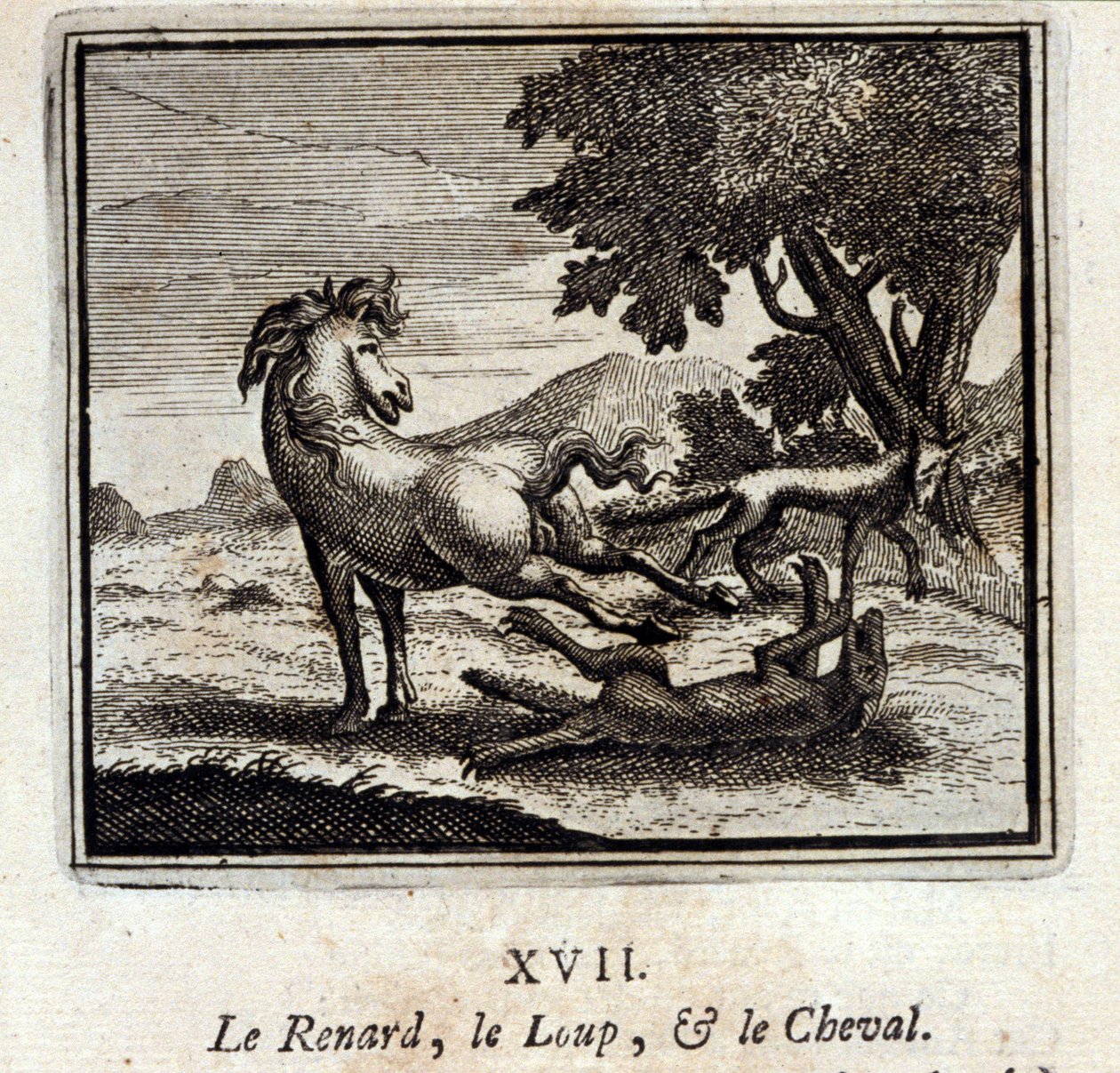 Reven, ulven og hesten. Fabler av Jean de La Fontaine (1621-95). Illustrasjon av François Chauveau (1613-1676). Utgave av 1728. av Francois Chauveau