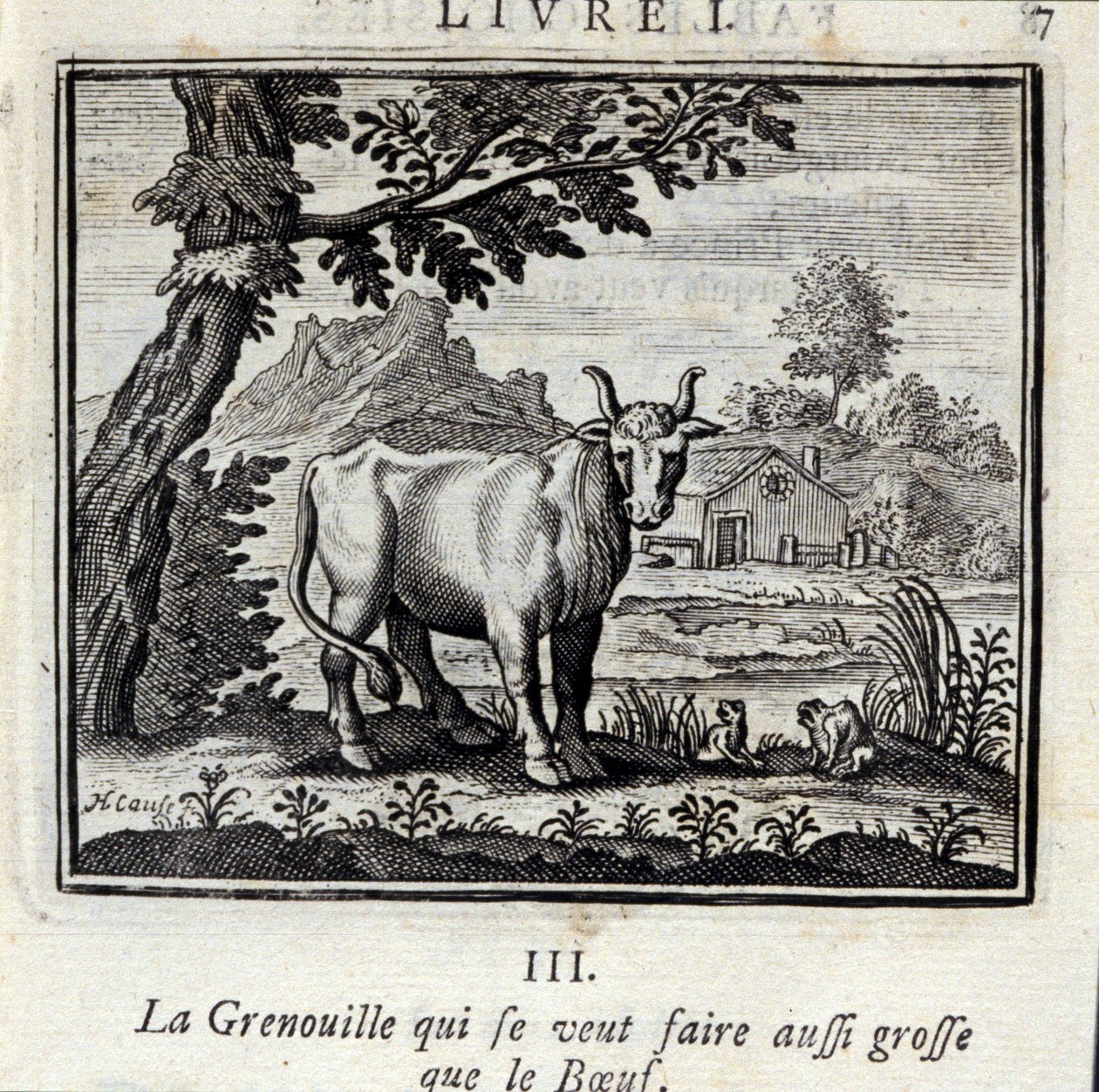 Frosken som vil bli like stor som biffen. Fabler av Jean de La Fontaine (1621-95). Illustrasjon av François Chauveau (1613-1676). Utgave av 1728. av Francois Chauveau