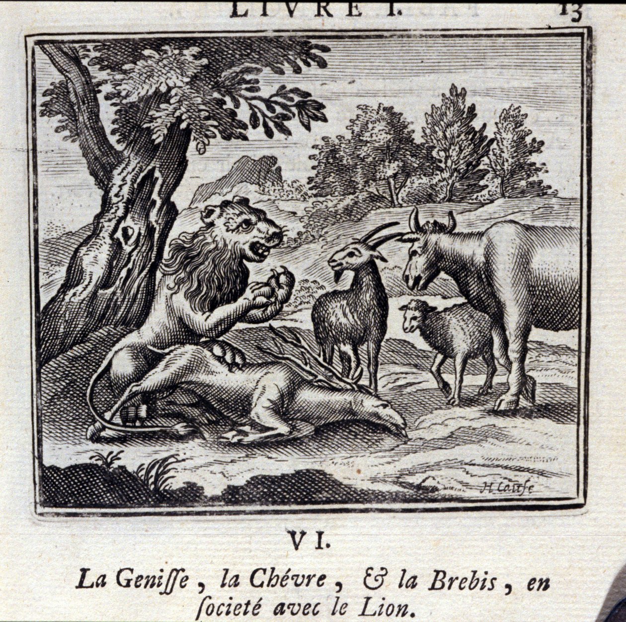 The Genisse the Gove og sauene i samfunnet med løven. Fabler av Jean de La Fontaine (1621-95). Illustrasjon av François Chauveau (1613-1676). Utgave av 1728. av Francois Chauveau