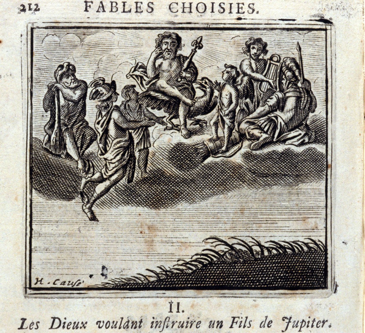Gudene ønsker å lære en sønn av Jupiter. Fabler av Jean de La Fontaine (1621-95). Illustrasjon av François Chauveau (1613-1676). Utgave av 1728. av Francois Chauveau