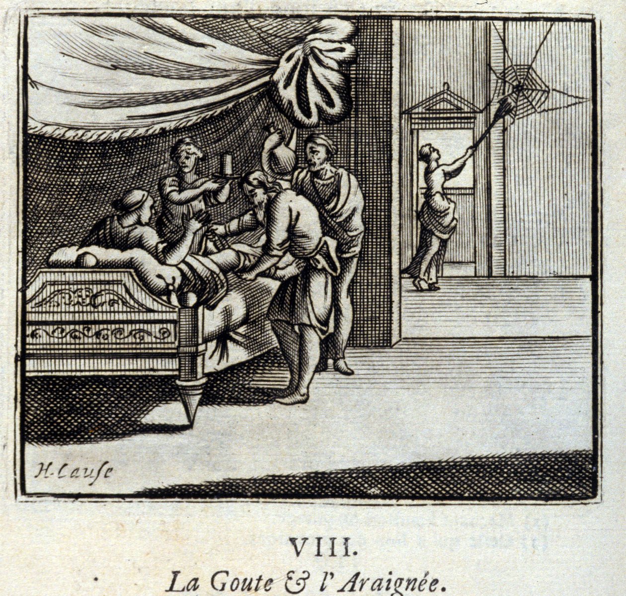 Gikten og edderkoppen. Fabler av Jean de La Fontaine (1621-95). Illustrasjon av Francois Chauveau (1613-1676). Utgave av 1728. av Francois Chauveau