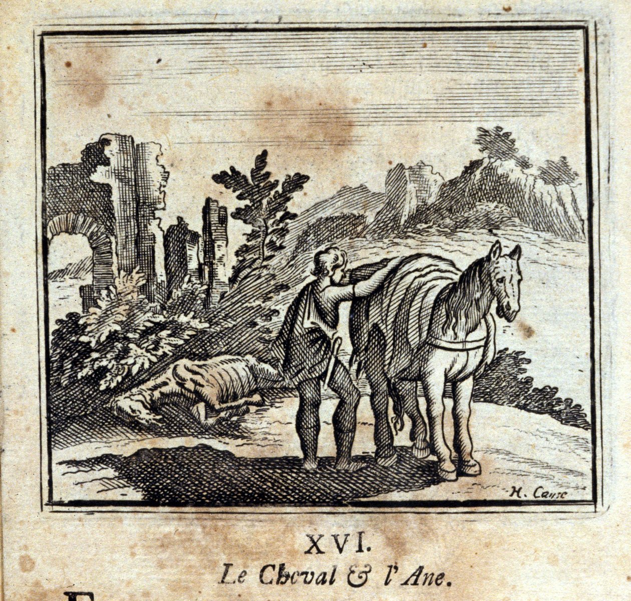 Hesten og eselet. Fabler av Jean de La Fontaine (1621-95). Illustrasjon av Francois Chauveau (1613-1676). Utgave av 1728. av Francois Chauveau