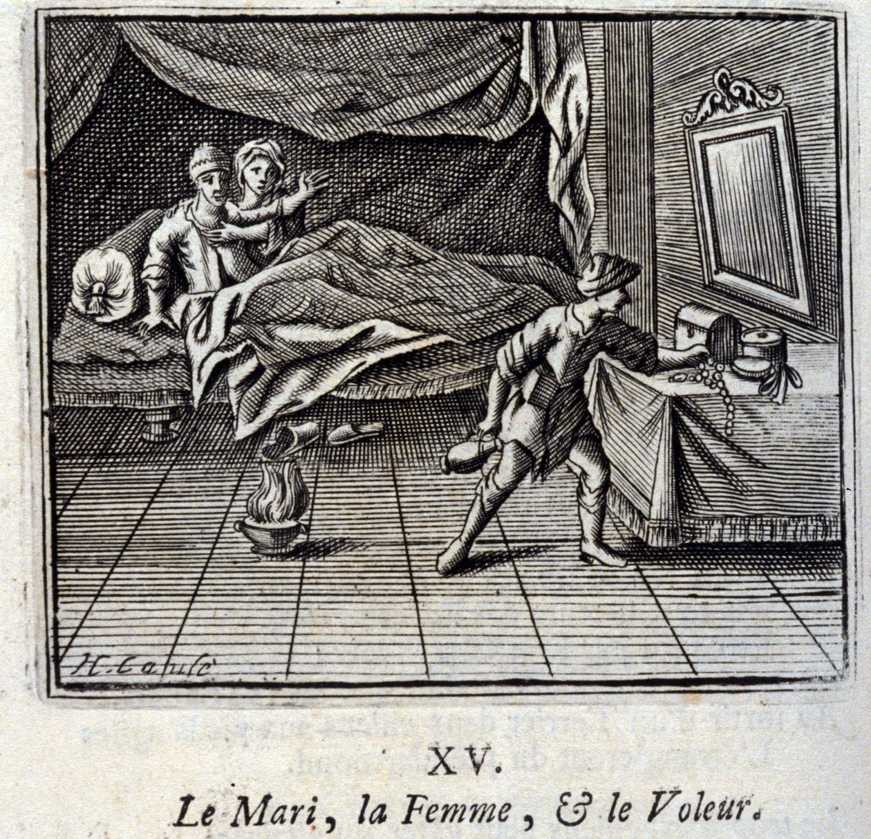 Ektemannen, kvinnen og tyven. Fabler av Jean de La Fontaine (1621-95). Illustrasjon av François Chauveau (1613-1676). Utgave av 1728. av Francois Chauveau