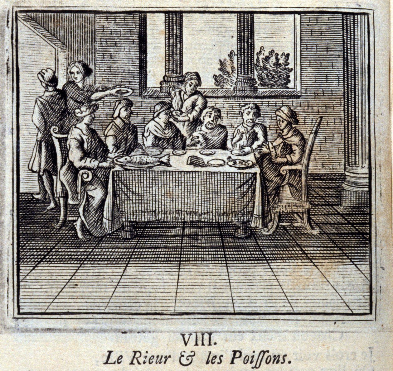 Latteren og Fiskene. Fabler av Jean de La Fontaine (1621-95). Illustrasjon av François Chauveau (1613-1676). Utgave av 1728. av Francois Chauveau