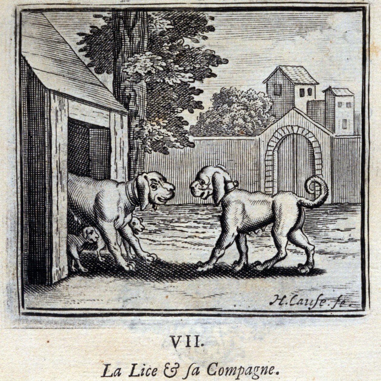 Lusen og hennes følgesvenn. Fabler av Jean de La Fontaine (1621-95). Illustrasjon av Francois Chauveau (1613-1676). Utgave av 1728. av Francois Chauveau