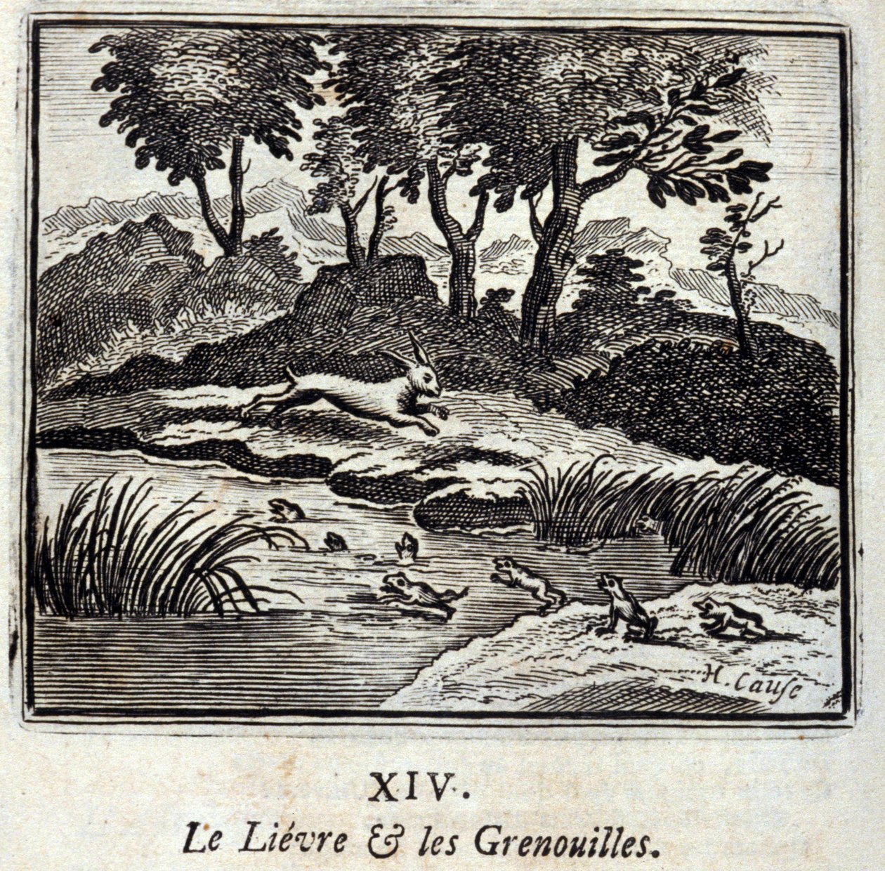 Haren og froskene. Fabler av Jean de La Fontaine (1621-95). Illustrasjon av Francois Chauveau (1613-1676). Utgave av 1728. av Francois Chauveau