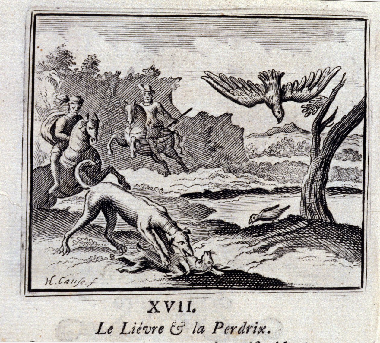The Lievre and the Pardrix.Fables av Jean de La Fontaine (1621-95). Illustrasjon av François Chauveau (1613-1676). Utgave av 1728. av Francois Chauveau