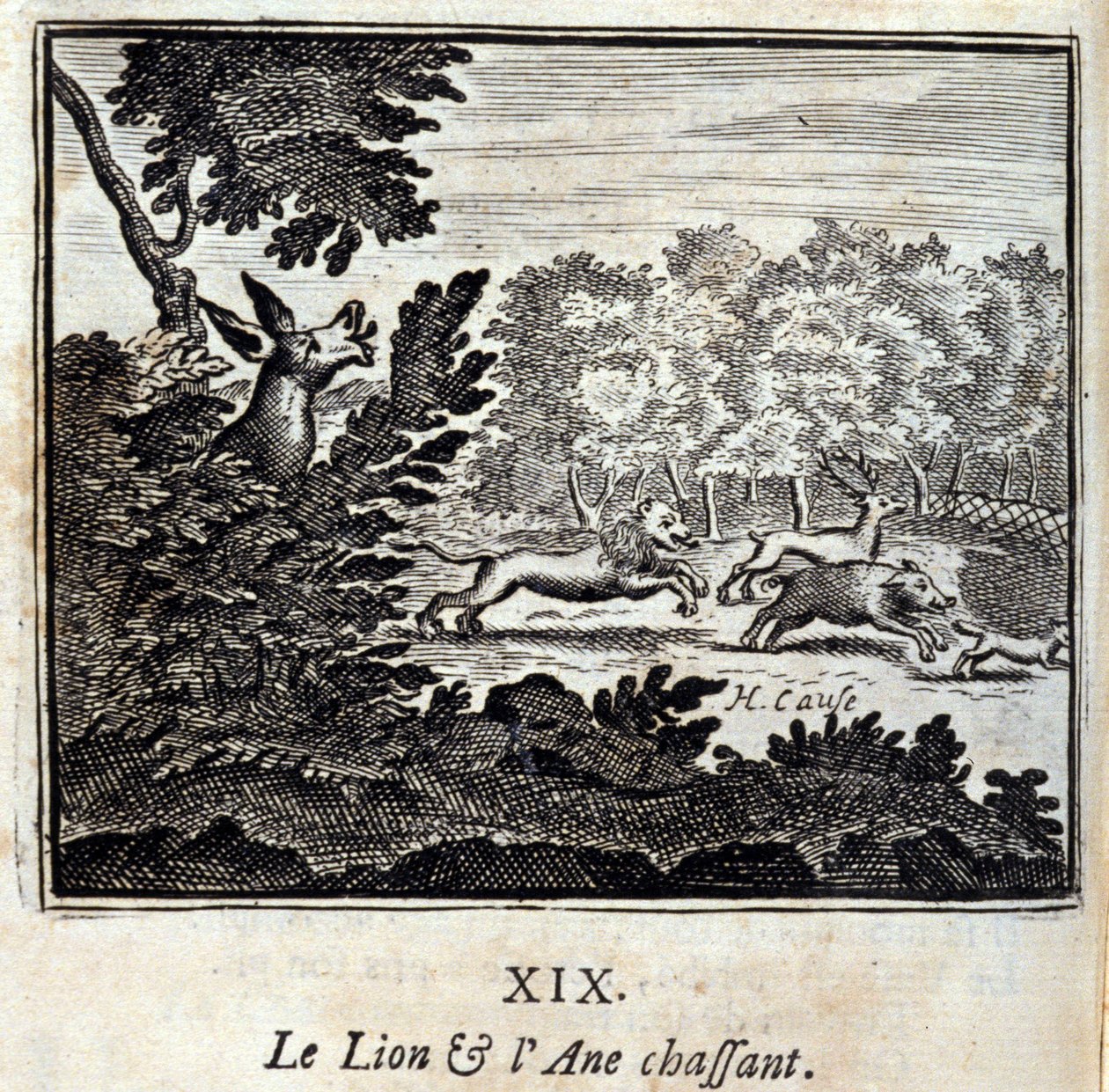 Løven og eseljakten. Fabler av Jean de La Fontaine (1621-95). Illustrasjon av François Chauveau (1613-1676). Utgave av 1728. av Francois Chauveau