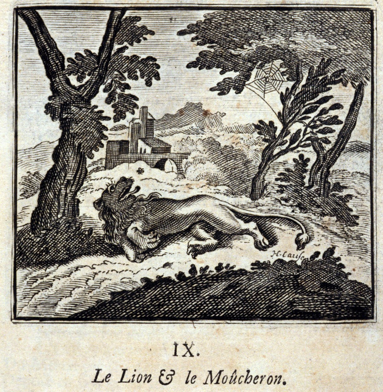 Løven og fluesnapperen. Fabler av Jean de La Fontaine (1621-95). Illustrasjon av Francois Chauveau (1613-1676). Utgave av 1728. av Francois Chauveau
