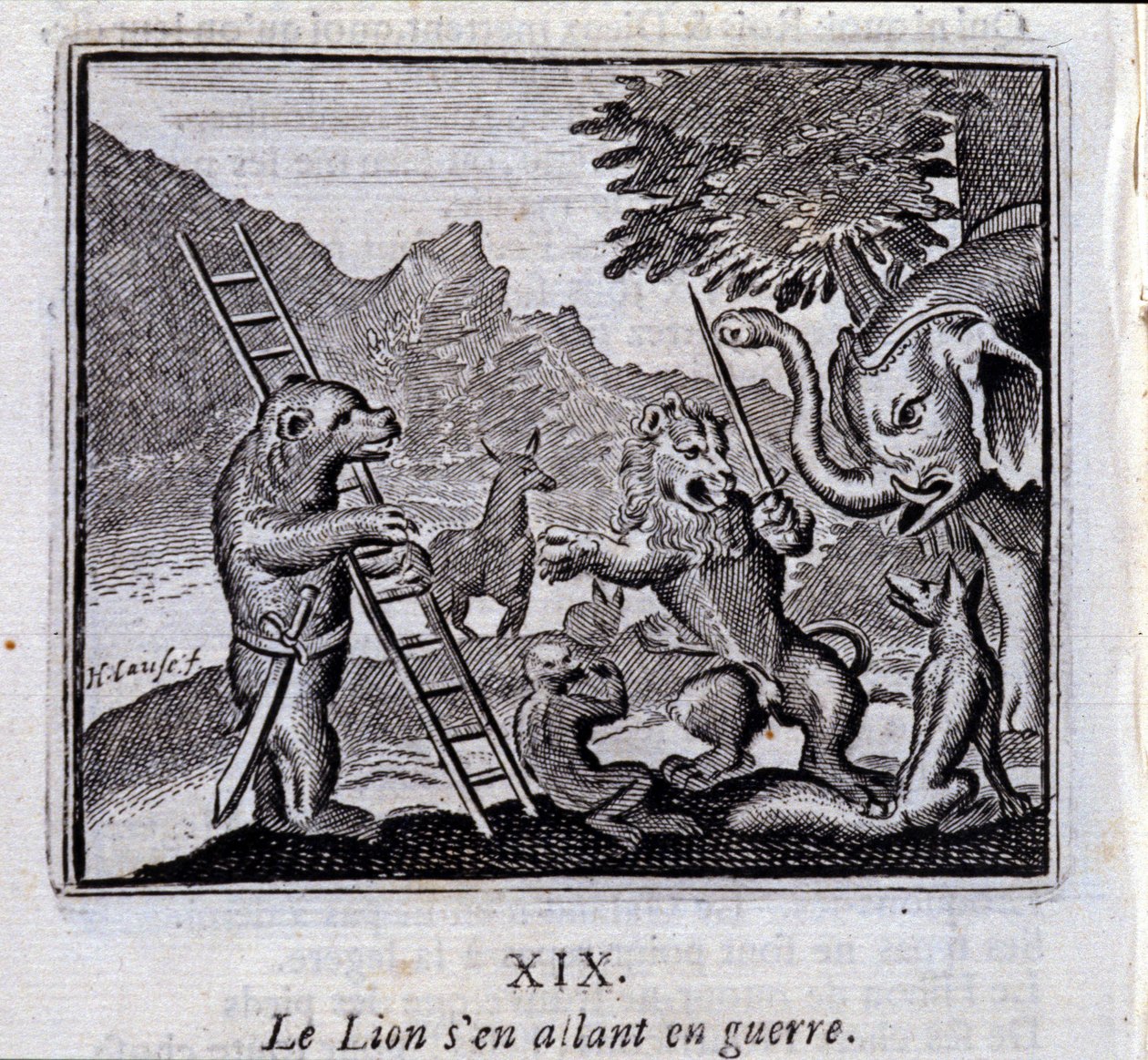 Løven går til krig. Fabler av Jean de La Fontaine (1621-95). Illustrasjon av Francois Chauveau (1613-1676). Utgave av 1728. av Francois Chauveau