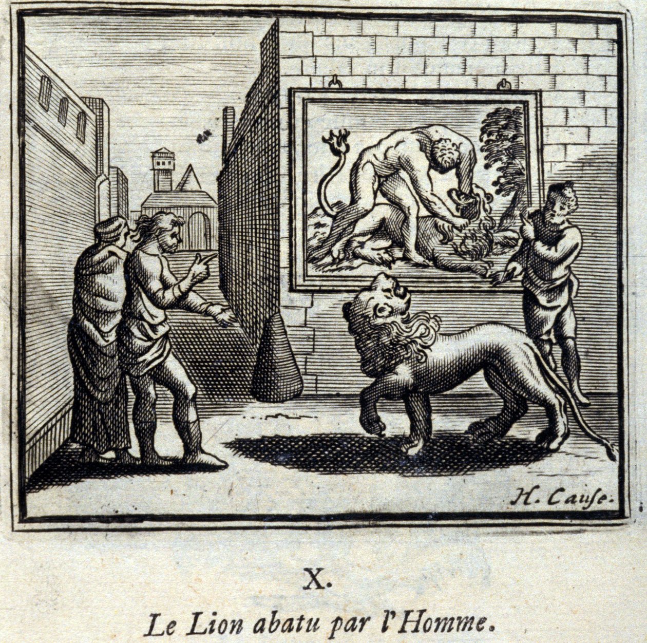 Løven skutt ned av mannen. Fabler av Jean de La Fontaine (1621-95). Illustrasjon av François Chauveau (1613-1676). Utgave av 1728. av Francois Chauveau