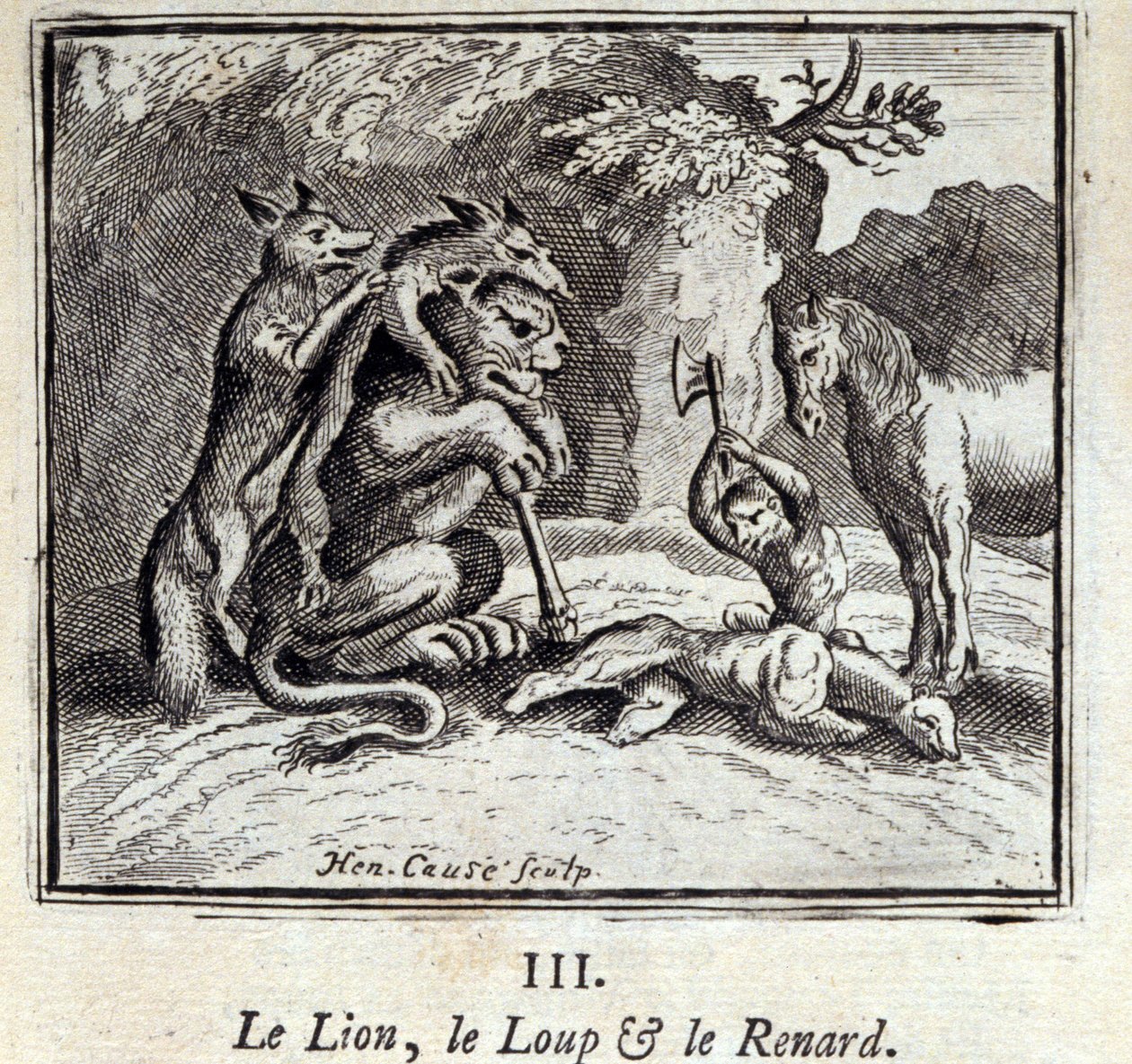 Løven, ulven og reven. Fabler av Jean de La Fontaine (1621-95). Illustrasjon av François Chauveau (1613-1676). Utgave av 1728. av Francois Chauveau