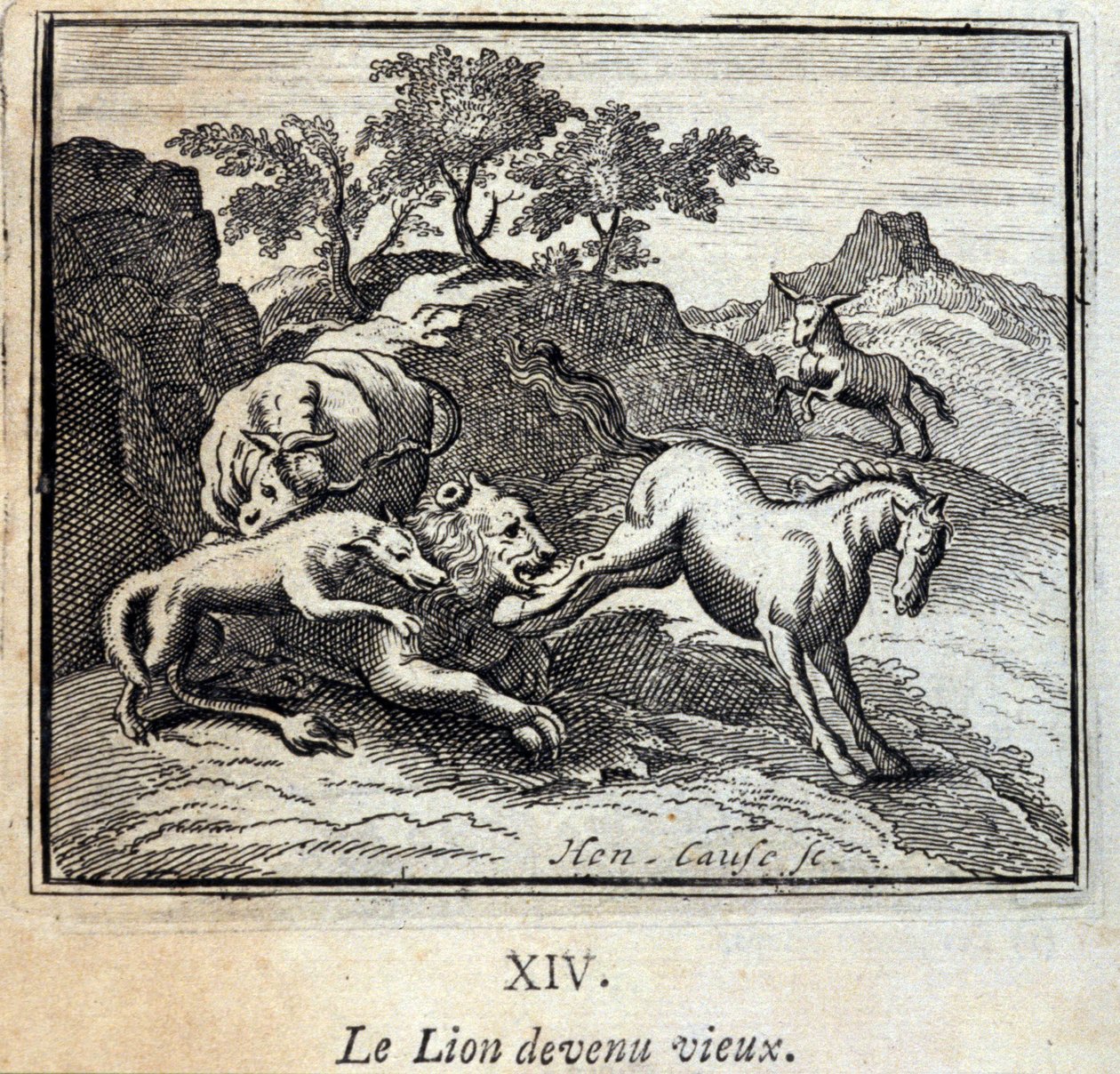 Løven ble gammel. Fabler av Jean de La Fontaine (1621-95). Illustrasjon av Francois Chauveau (1613-1676). Utgave av 1728. av Francois Chauveau