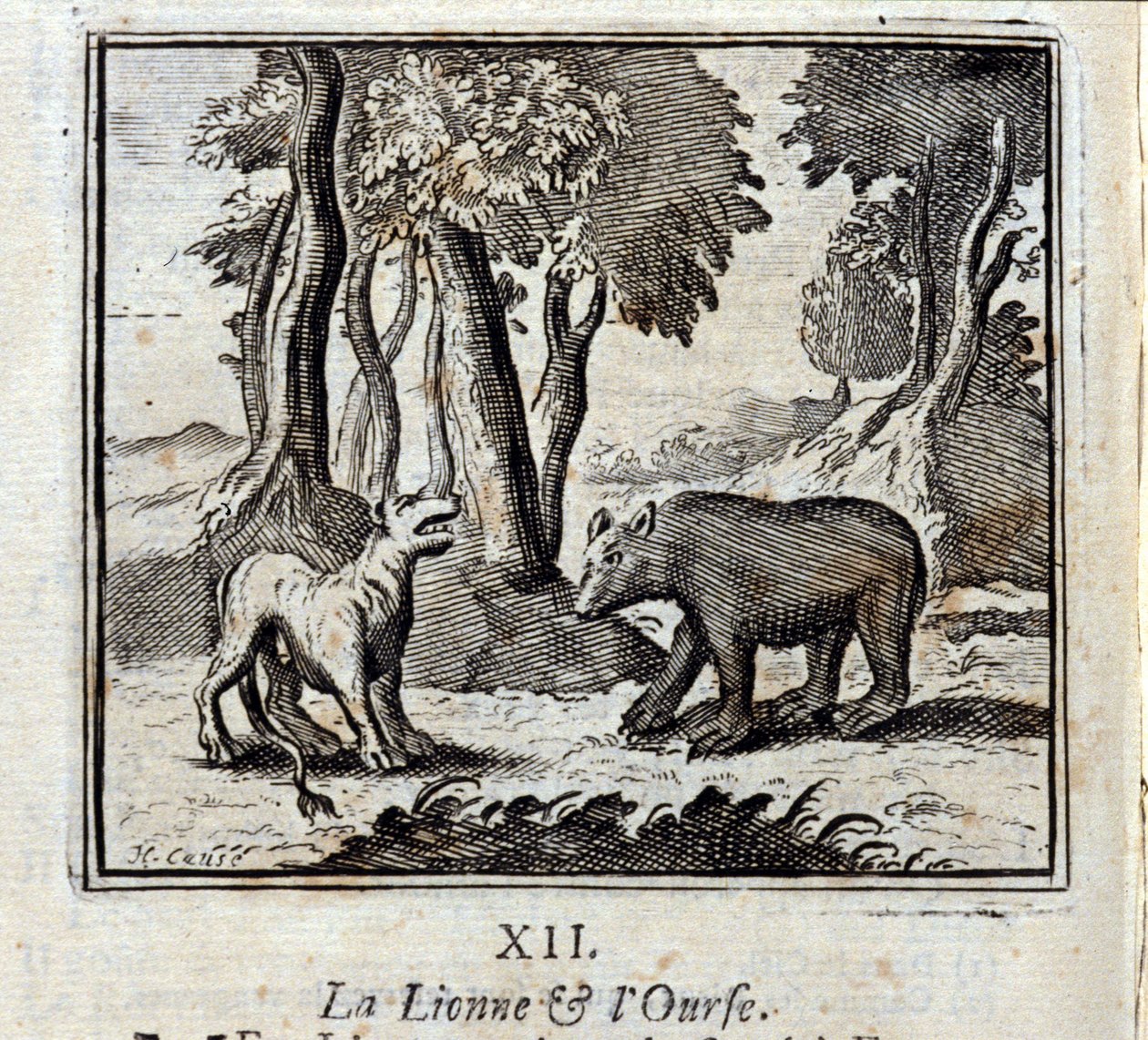 Løvinnen og bjørnen. Fabler av Jean de La Fontaine (1621-95). Illustrasjon av François Chauveau (1613-1676). Utgave av 1728. av Francois Chauveau