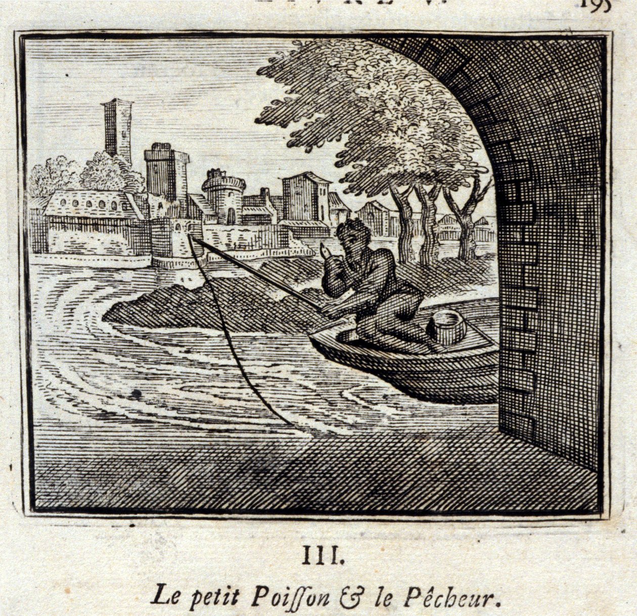 Den lille fisken og fiskeren. Fabler av Jean de La Fontaine (1621-95). Illustrasjon av François Chauveau (1613-1676). Utgave av 1728. av Francois Chauveau