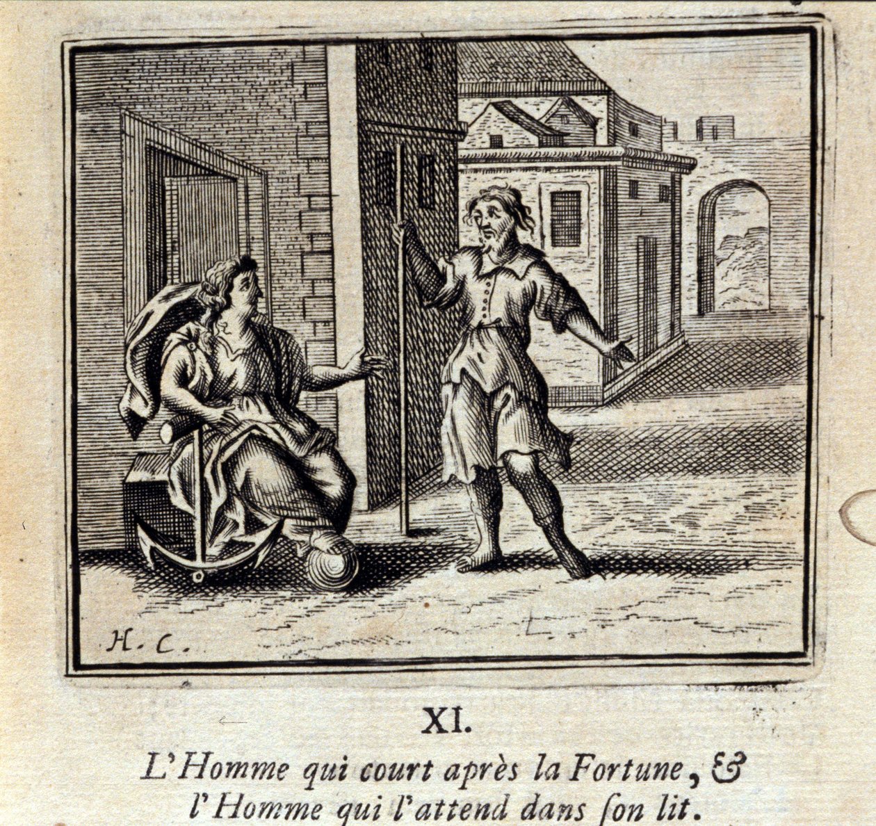 Mannen som løper etter Fortune og Mannen som venter på ham i sengen. Fabler av Jean de La Fontaine (1621-95). Illustrasjon av François Chauveau (1613-1676). Utgave av 1728. av Francois Chauveau