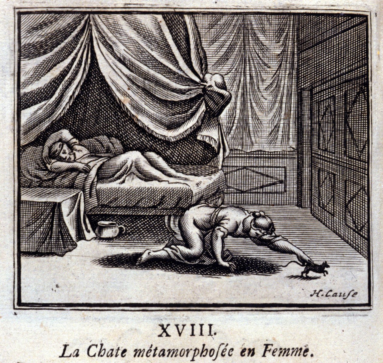 Den metamorfoserte katten i kvinnen. Fabler av Jean de La Fontaine (1621-95). Illustrasjon av François Chauveau (1613-1676). Utgave av 1728. av Francois Chauveau
