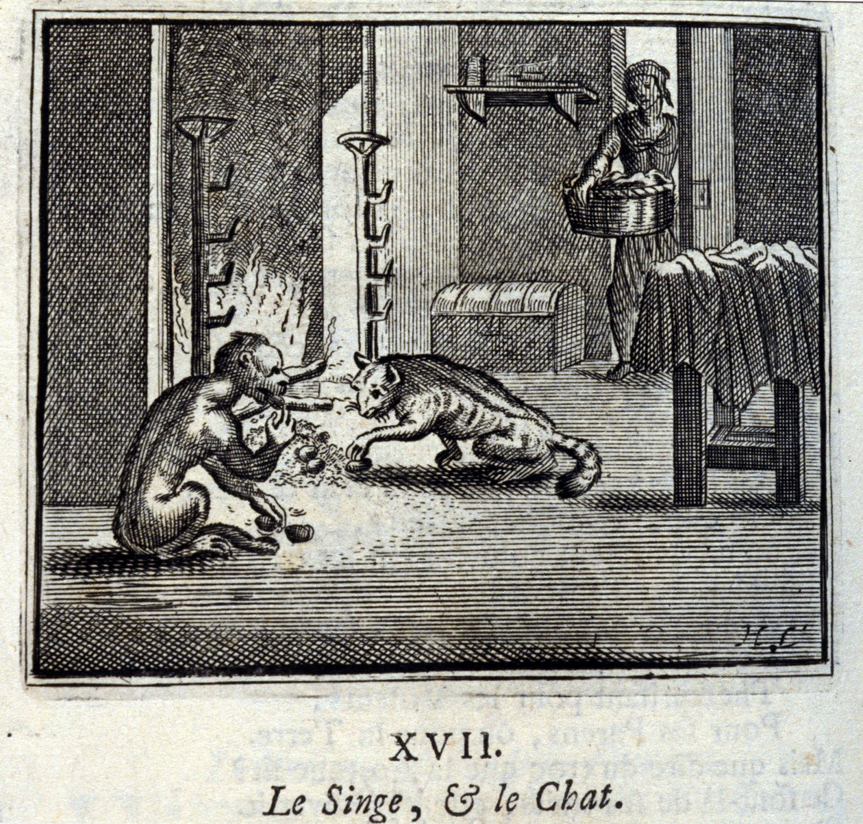 Apen og katten. Fabler av Jean de La Fontaine (1621-95). Illustrasjon av Francois Chauveau (1613-1676). Utgave av 1728. av Francois Chauveau