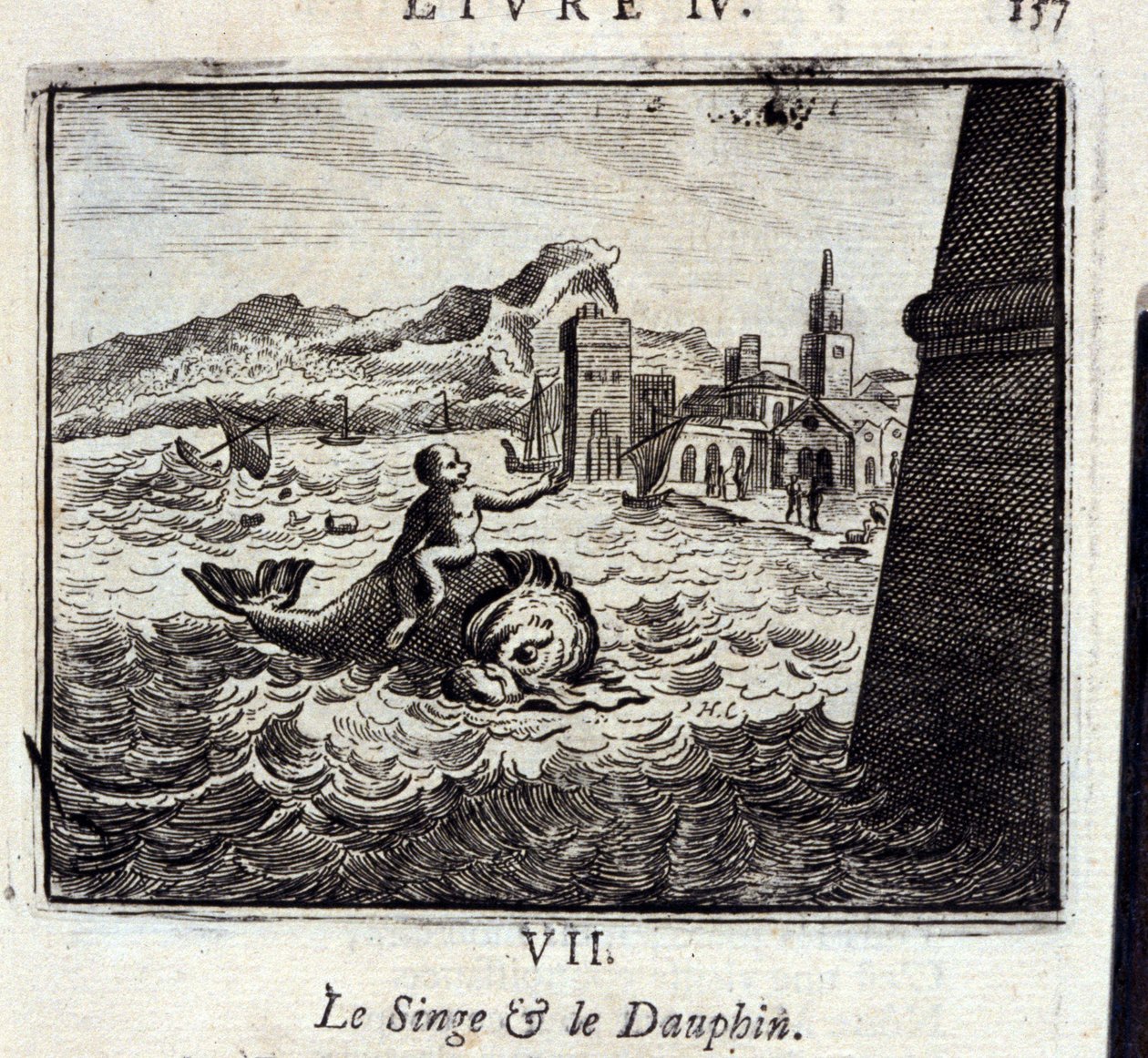 The Monkey and the Dauphin.Fables av Jean de La Fontaine (1621-95). Illustrasjon av Francois Chauveau (1613-1676). Utgave av 1728. av Francois Chauveau