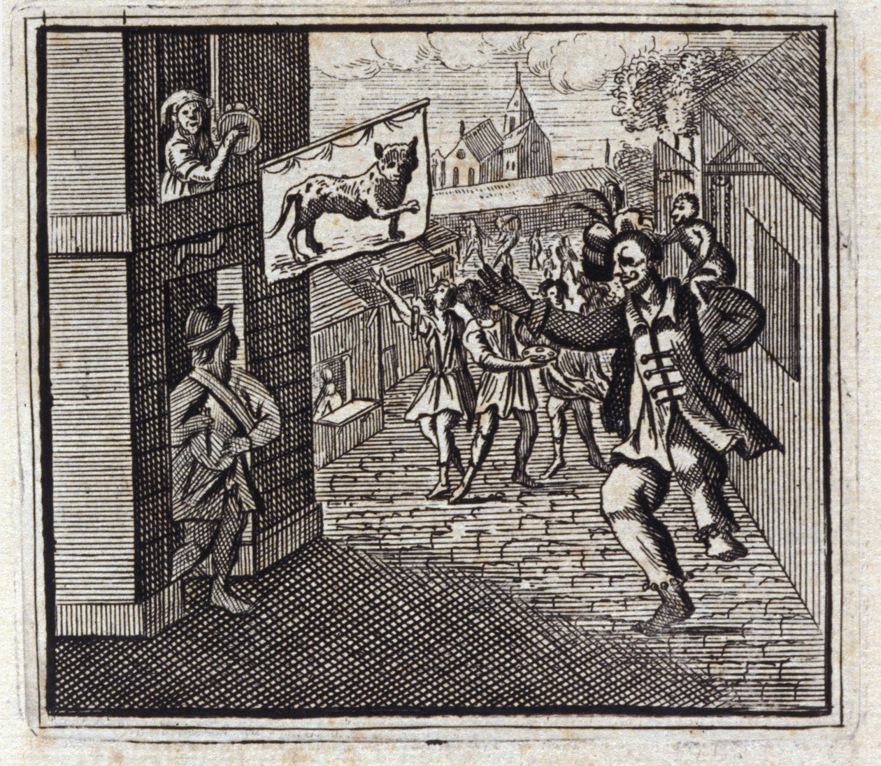 Apen og leoparden. Fabler av Jean de La Fontaine (1621-95). Illustrasjon av Francois Chauveau (1613-1676). Utgave av 1728. av Francois Chauveau