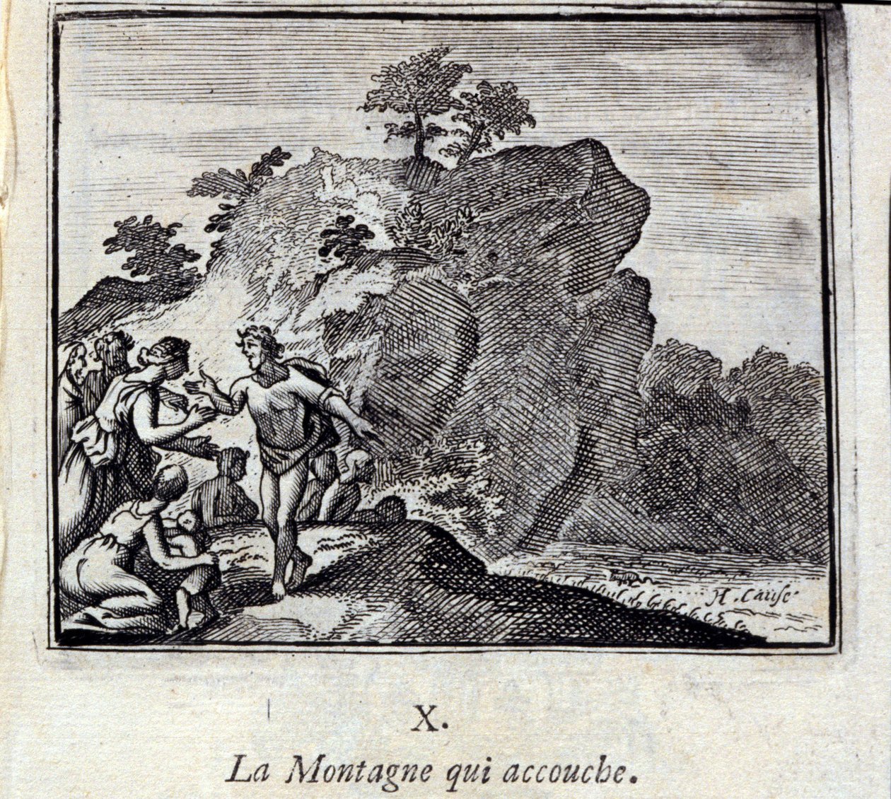 Fjellet føder. Fabler av Jean de La Fontaine (1621-95). Illustrasjon av Francois Chauveau (1613-1676). Utgave av 1728. av Francois Chauveau