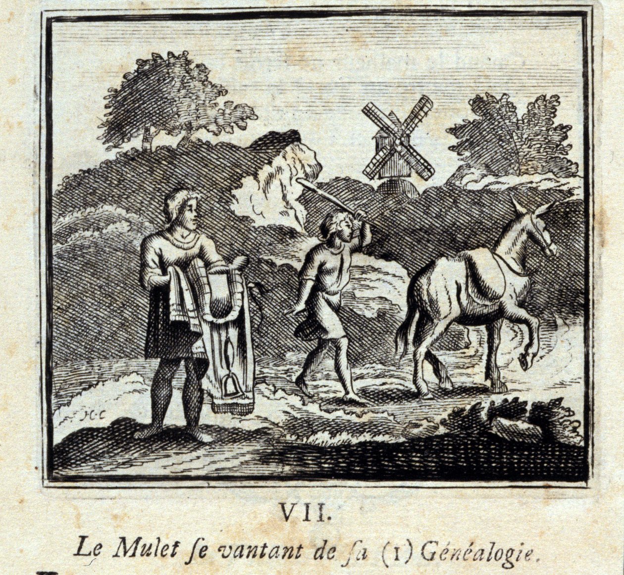 Multen skryter av sin slektshistorie. Fabler av Jean de La Fontaine (1621-95). Illustrasjon av François Chauveau (1613-1676). Utgave av 1728. av Francois Chauveau