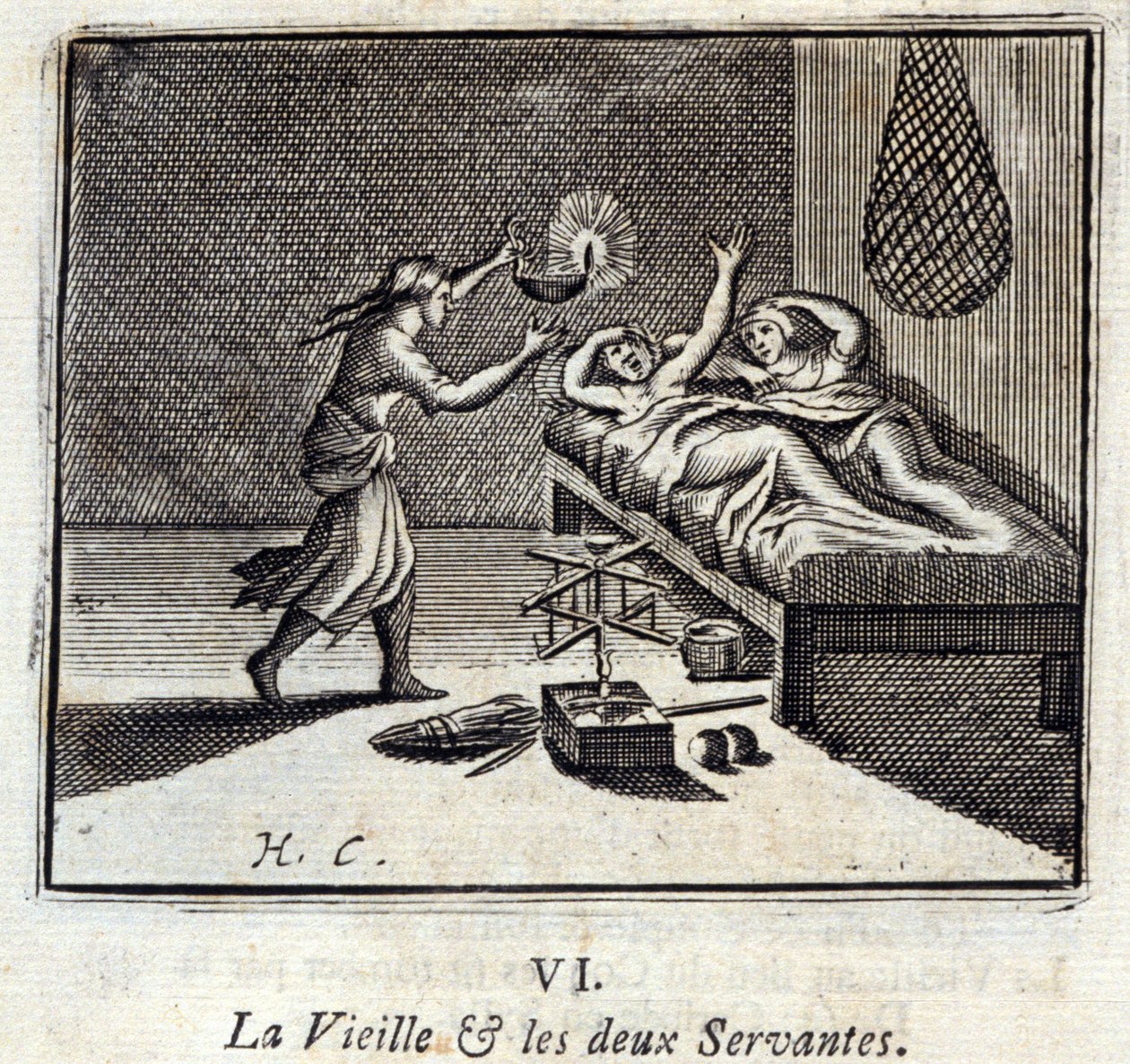 Den gamle damen og de to tjenerne. Fabler av Jean de La Fontaine (1621-95). Illustrasjon av François Chauveau (1613-1676). Utgave av 1728. av Francois Chauveau