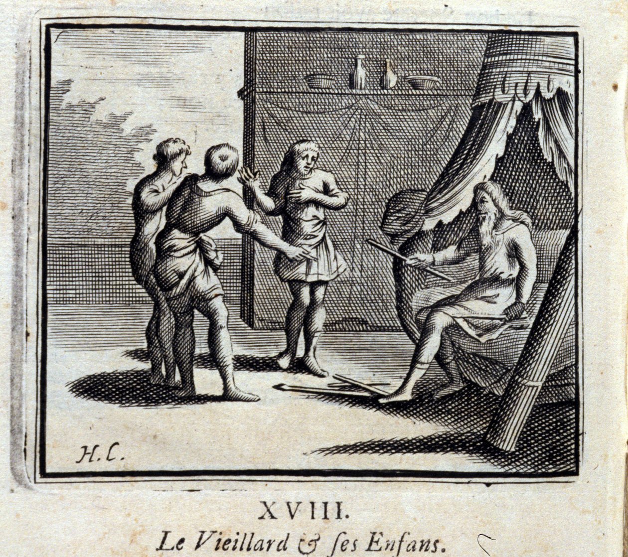 Den gamle mannen og hans barn. Fabler av Jean de La Fontaine (1621-95). Illustrasjon av François Chauveau (1613-1676). Utgave av 1728. av Francois Chauveau