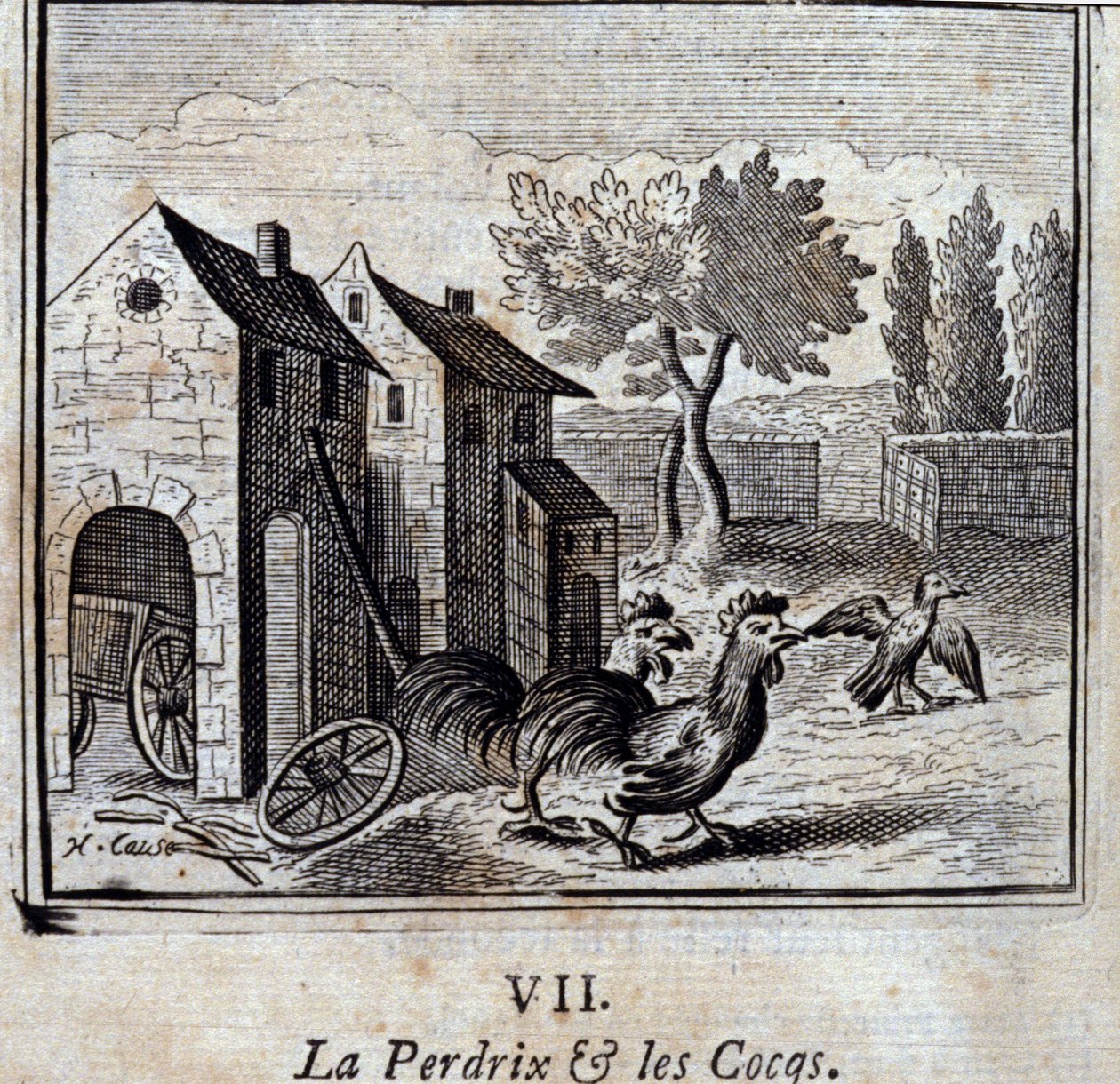 Parthønen og hanene. Fabler av Jean de La Fontaine (1621-95). Illustrasjon av François Chauveau (1613-1676). Utgave av 1728. av Francois Chauveau