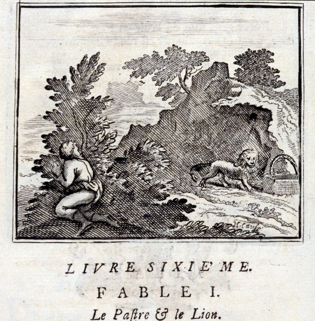 Patras og løven. Fabler av Jean de La Fontaine (1621-95). Illustrasjon av Francois Chauveau (1613-1676). Utgave av 1728. av Francois Chauveau