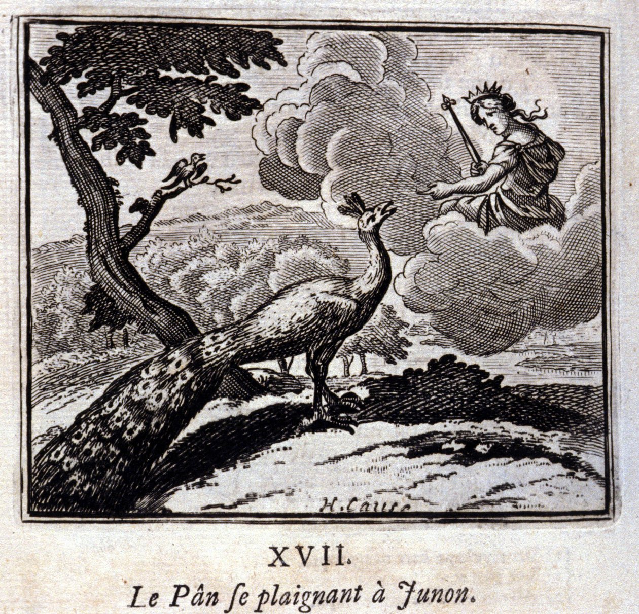 Påfuglen klager til Juno. Fabler av Jean de La Fontaine (1621-95). Illustrasjon av Francois Chauveau (1613-1676). Utgave av 1728. av Francois Chauveau