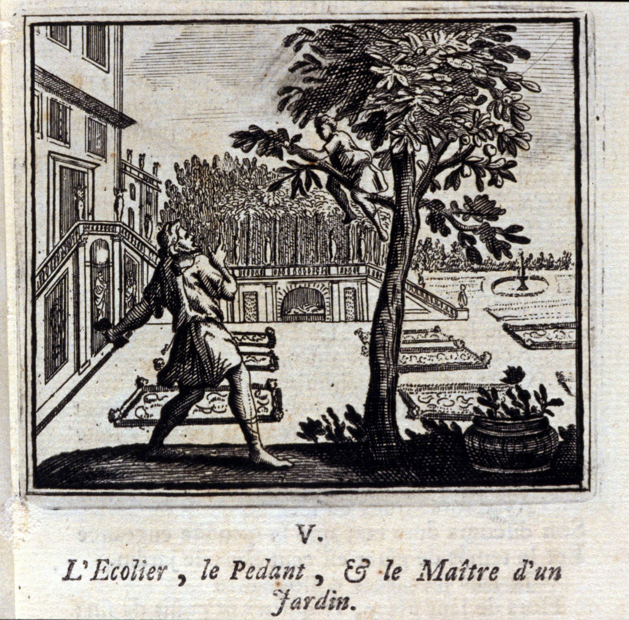 Pedantskolen og hagemesteren. Fabler av Jean de La Fontaine (1621-95). Illustrasjon av François Chauveau (1613-1676). Utgave av 1728. av Francois Chauveau