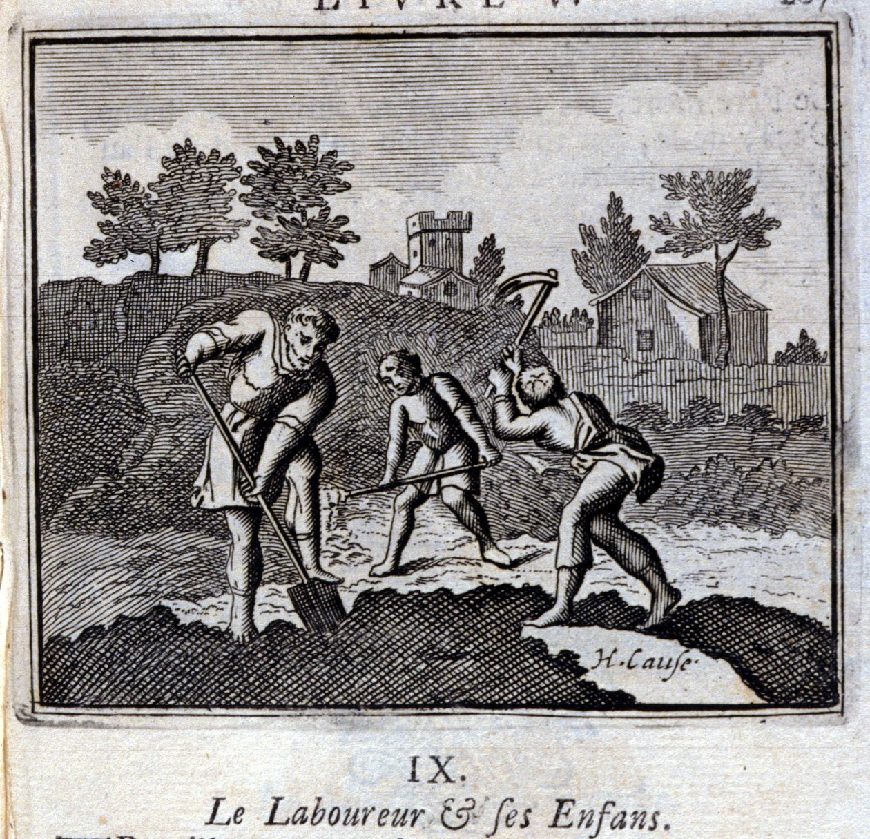 Ploureuren og hans barn. Fabler av Jean de La Fontaine (1621-95). Illustrasjon av Francois Chauveau (1613-1676). Utgave av 1728. av Francois Chauveau