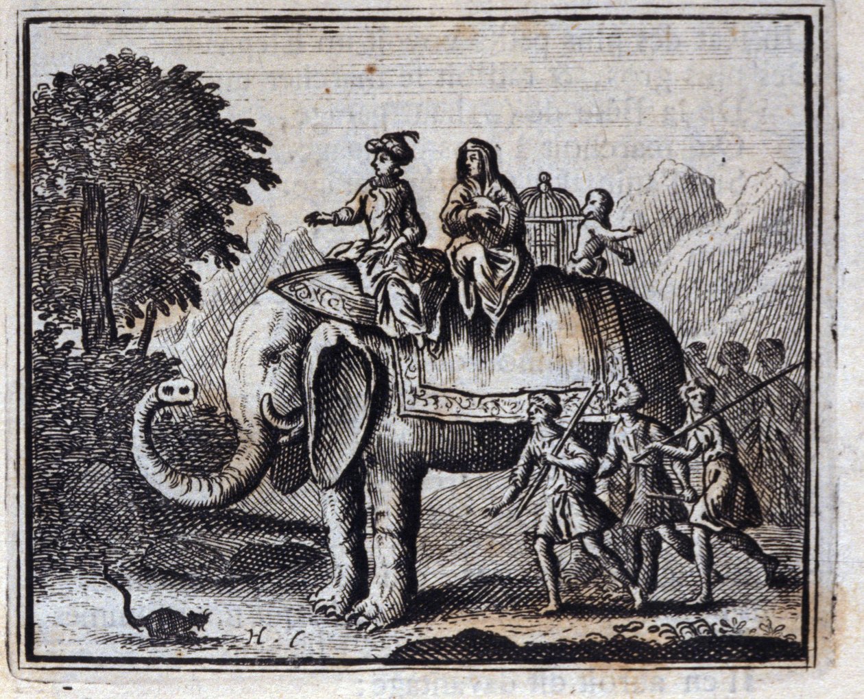 Rotten og elefanten. Fabler av Jean de La Fontaine (1621-95). Illustrasjon av François Chauveau (1613-1676). Utgave av 1728. av Francois Chauveau