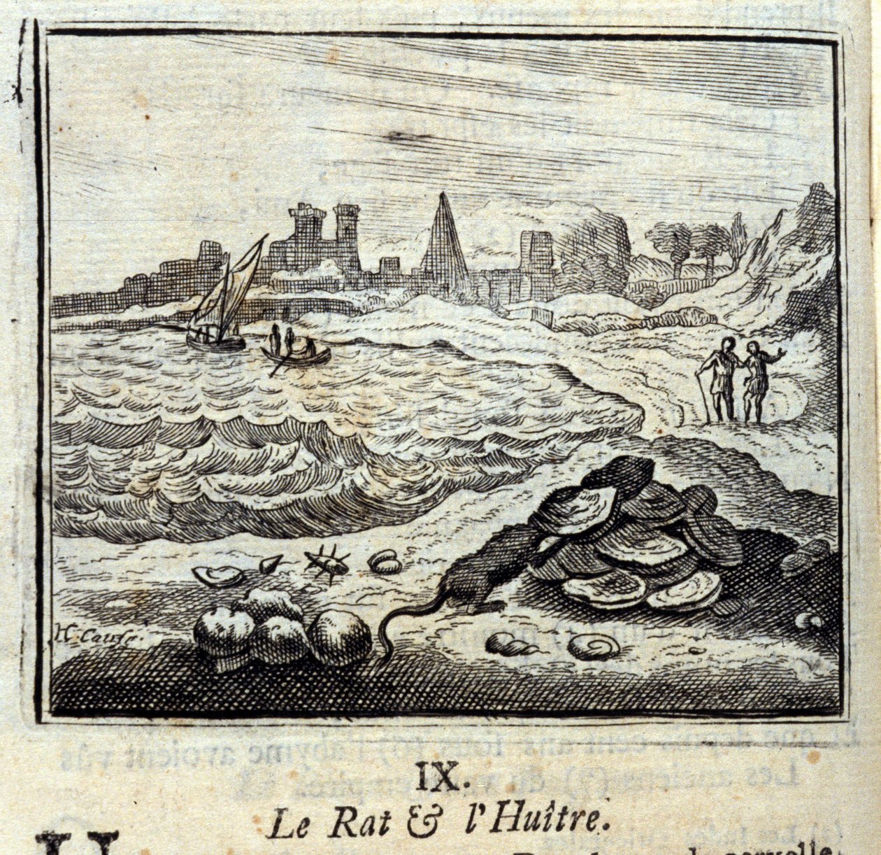 The Rat and the Oyer.Fables av Jean de La Fontaine (1621-95). Illustrasjon av Francois Chauveau (1613-1676). Utgave av 1728. av Francois Chauveau