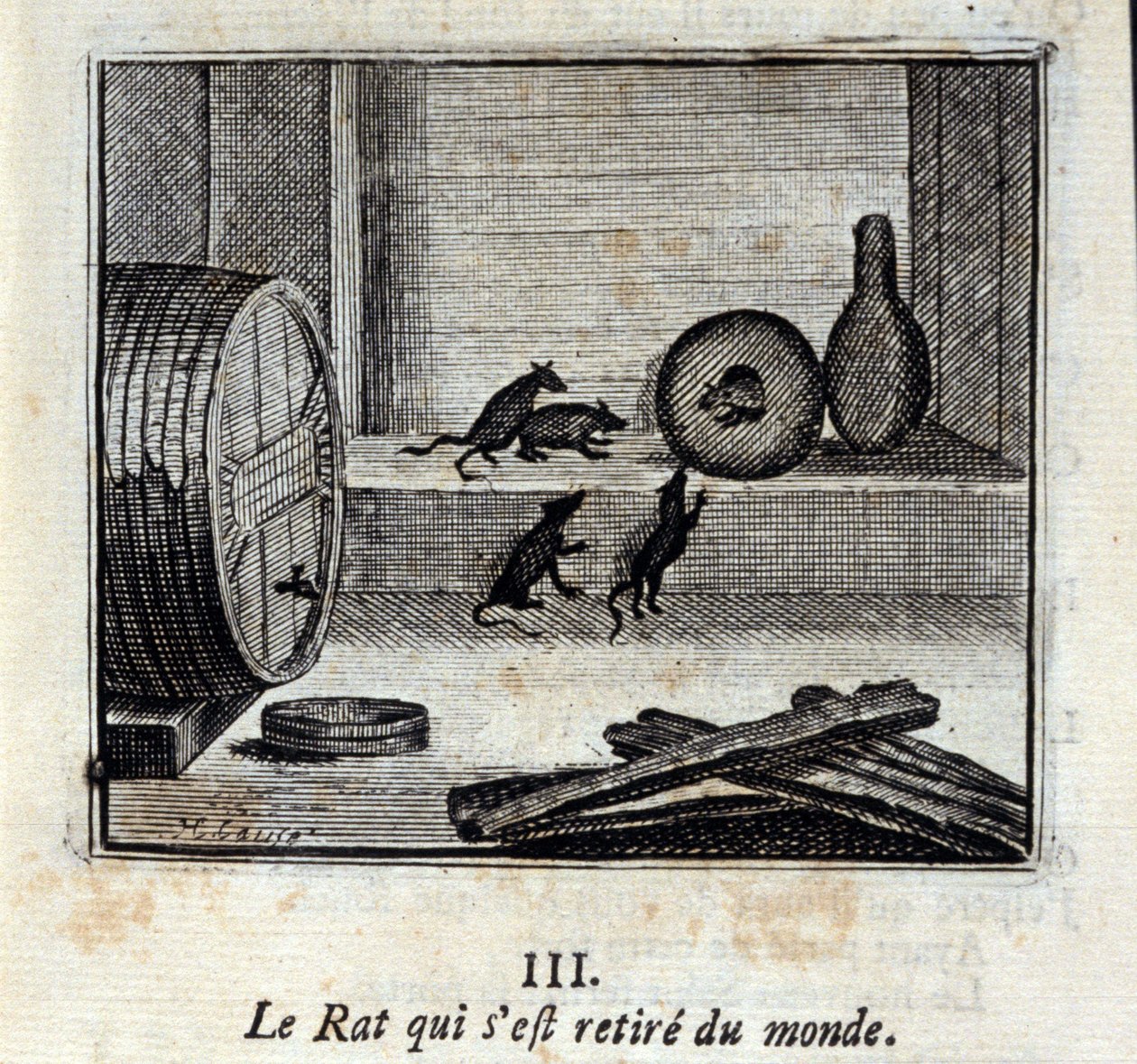 Rotten som trakk seg ut av verden. Fabler av Jean de La Fontaine (1621-95). Illustrasjon av François Chauveau (1613-1676). Utgave av 1728. av Francois Chauveau