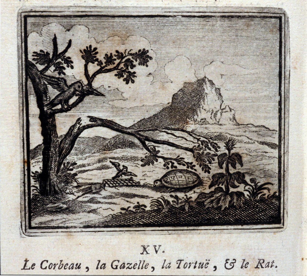 Ravnen, Gasellen, Skilpadden og Rotten. Fabler av Jean de La Fontaine (1621-95). Illustrasjon av François Chauveau (1613-1676). Utgave av 1728. av Francois Chauveau