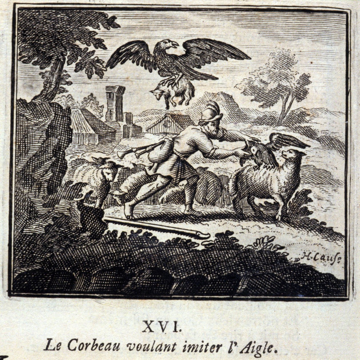 Ravnen som ønsker å etterligne ørnen. Fabler av Jean de La Fontaine (1621-95). Illustrasjon av François Chauveau (1613-1676). Utgave av 1728. av Francois Chauveau
