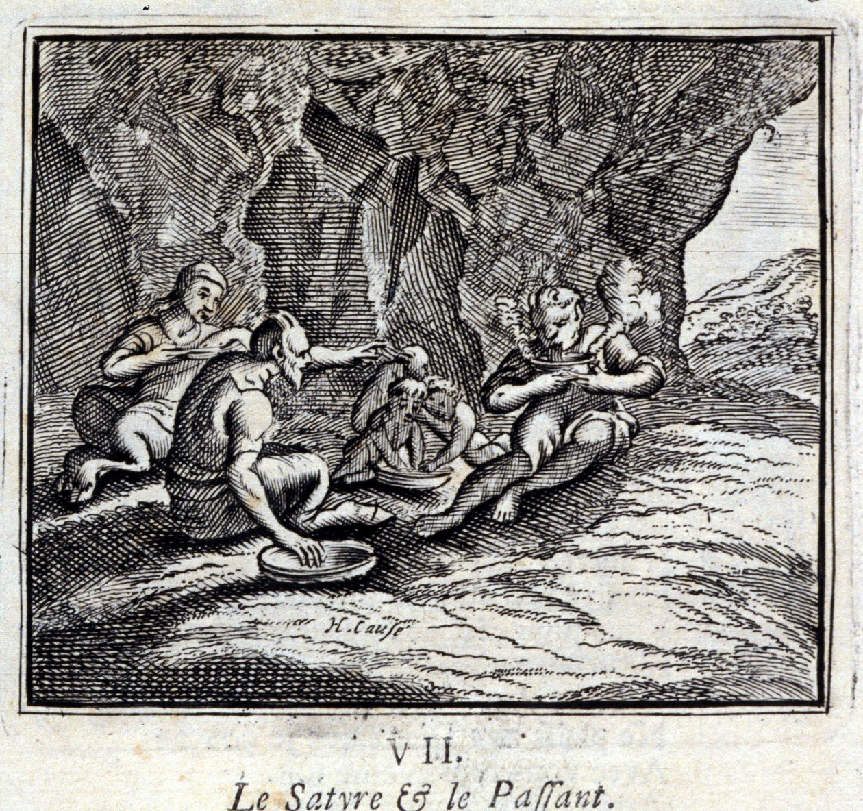 Satyren og passasjeren. Fabler av Jean de La Fontaine (1621-95). Illustrasjon av François Chauveau (1613-1676). Utgave av 1728. av Francois Chauveau