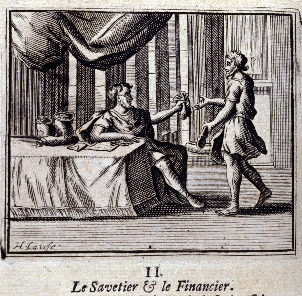 Savetier og Finder. Fabler av Jean de La Fontaine (1621-95). Illustrasjon av François Chauveau (1613-1676). Utgave av 1728. av Francois Chauveau