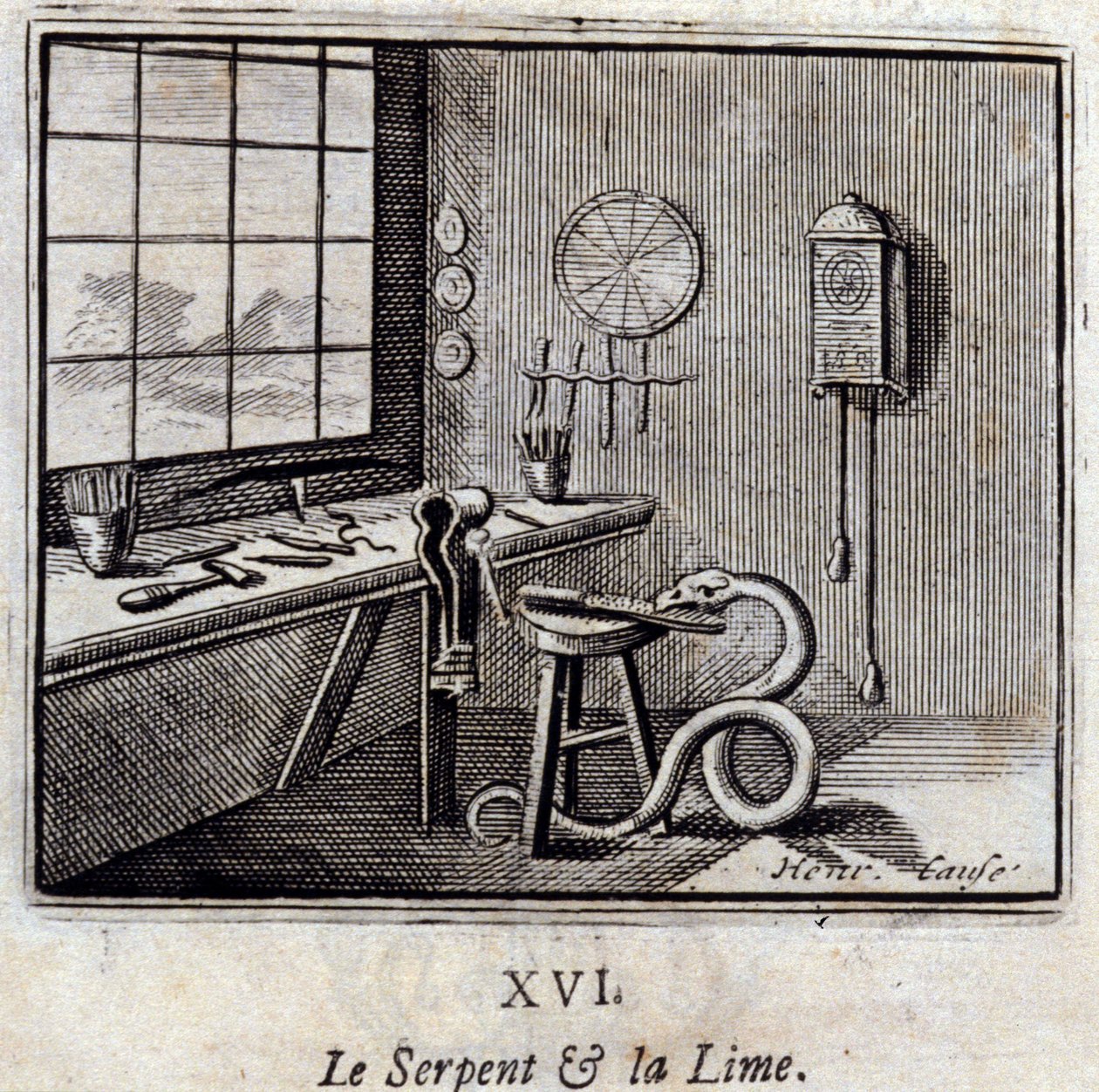 The Snake and the Lime.Fables av Jean de La Fontaine (1621-95). Illustrasjon av Francois Chauveau (1613-1676). Utgave av 1728. av Francois Chauveau
