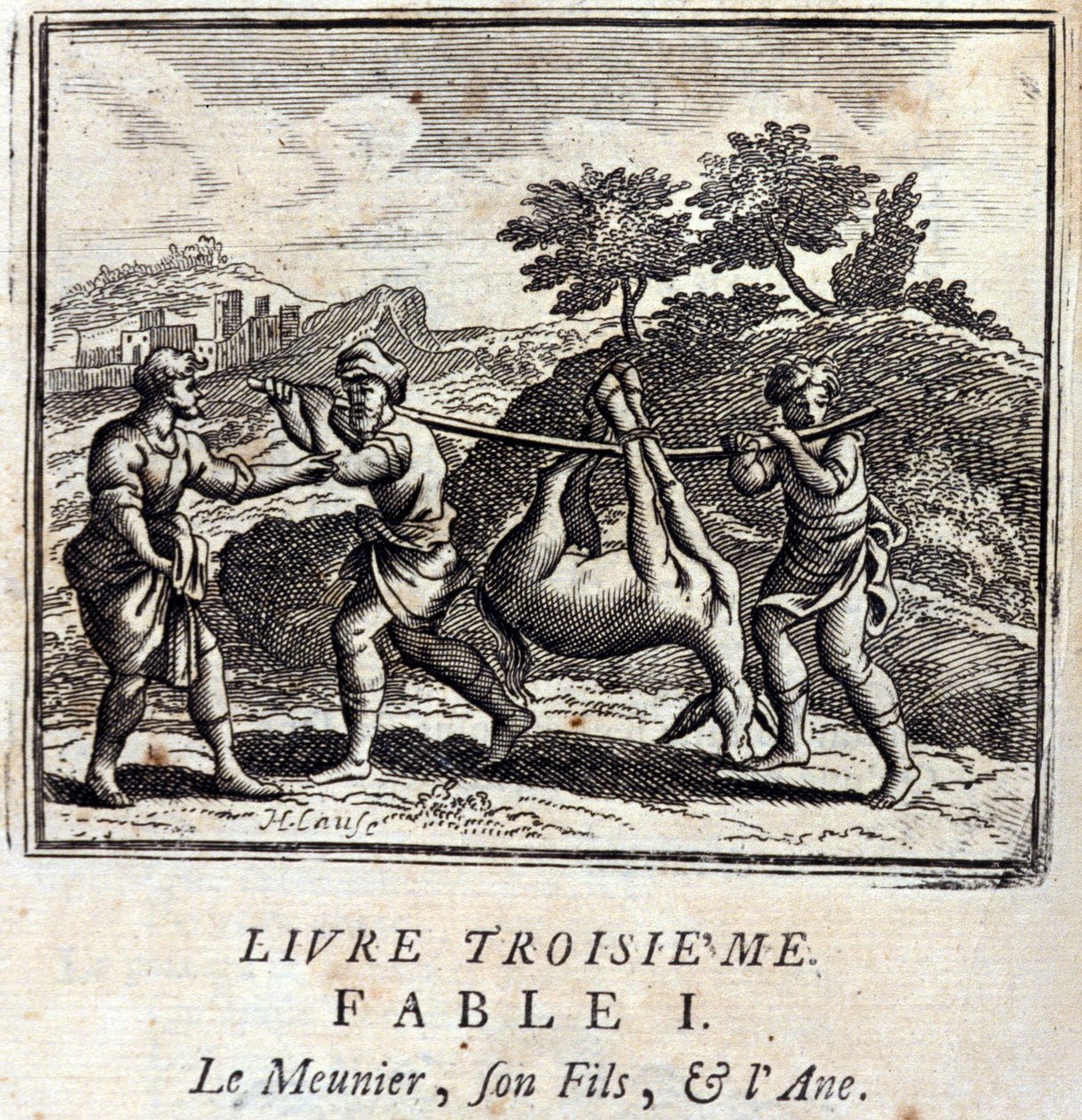 Sugeren hans sønn og eselet. Fabler av Jean de La Fontaine (1621-95). Illustrasjon av François Chauveau (1613-1676). Utgave av 1728. av Francois Chauveau