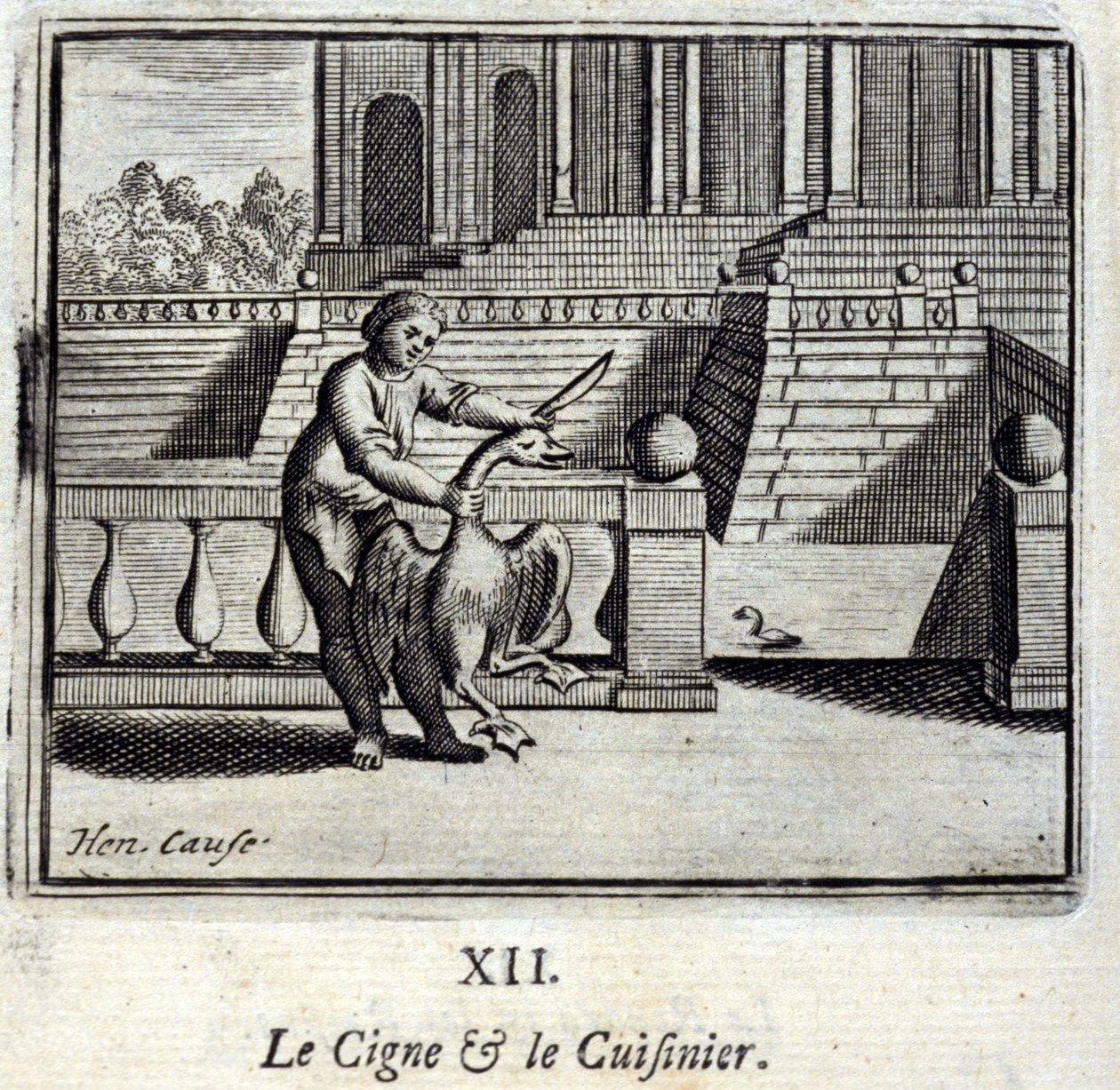 Svanen og kokken. Fabler av Jean de La Fontaine (1621-95). Illustrasjon av Francois Chauveau (1613-1676). Utgave av 1728. av Francois Chauveau