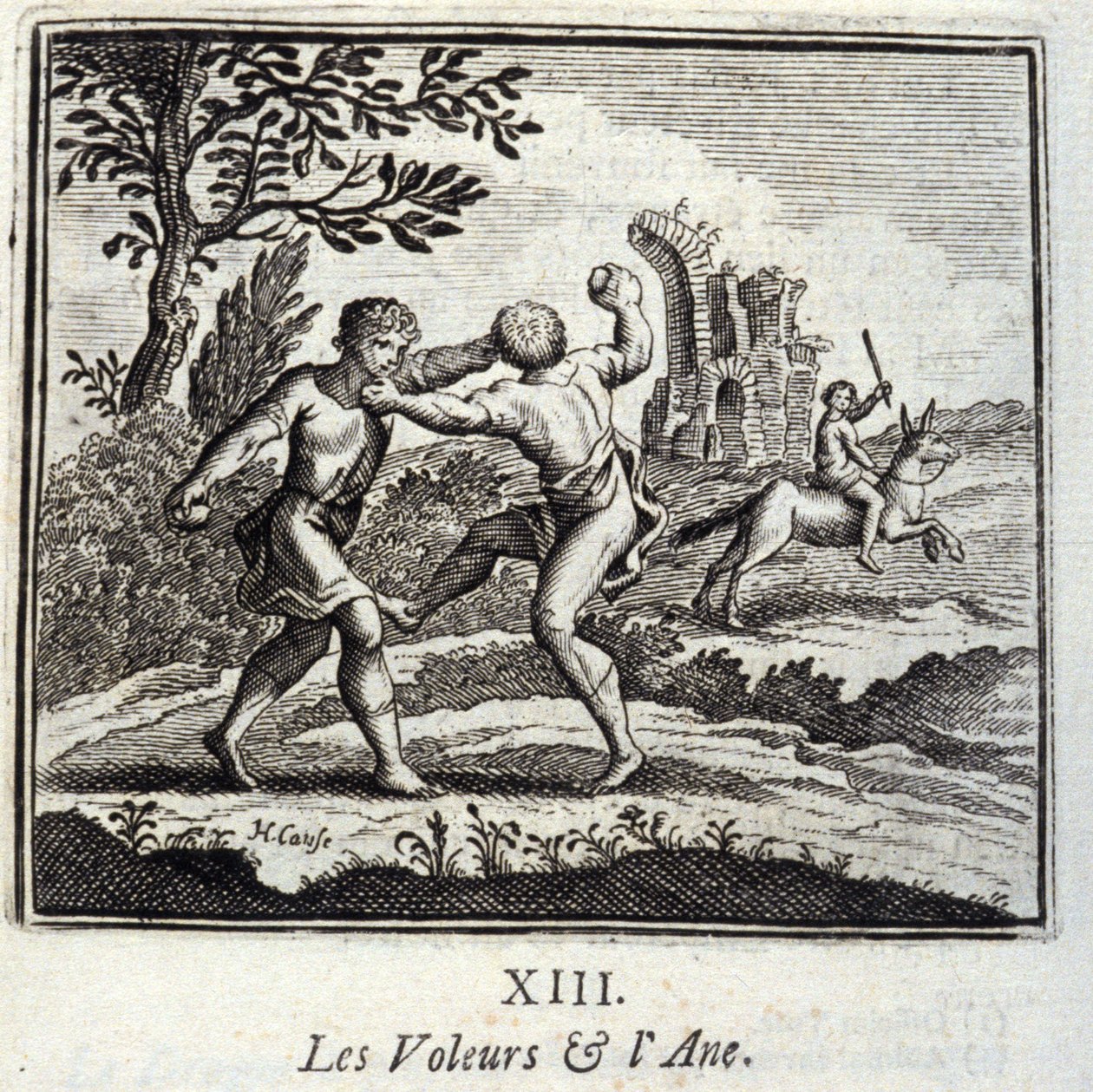 The Thieves and the Ane.Fables av Jean de La Fontaine (1621-95). Illustrasjon av Francois Chauveau (1613-1676). Utgave av 1728. av Francois Chauveau