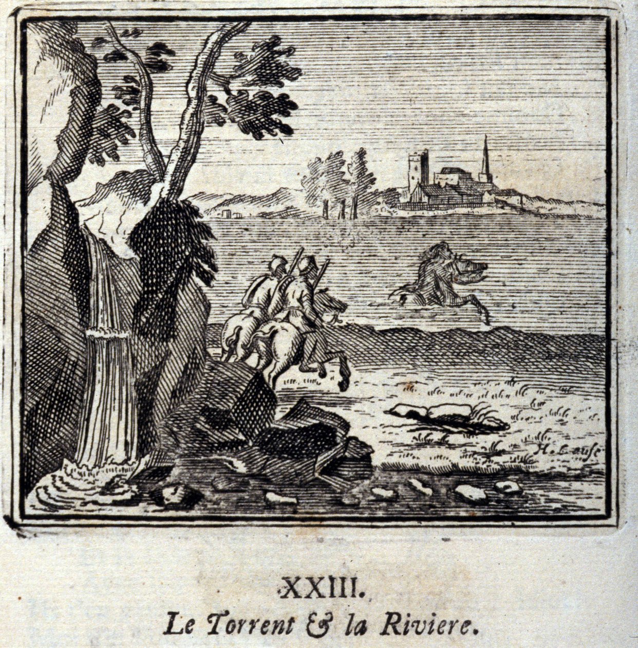 Torrent og Riviere. Fabler av Jean de La Fontaine (1621-95). Illustrasjon av Francois Chauveau (1613-1676). Utgave av 1728. av Francois Chauveau