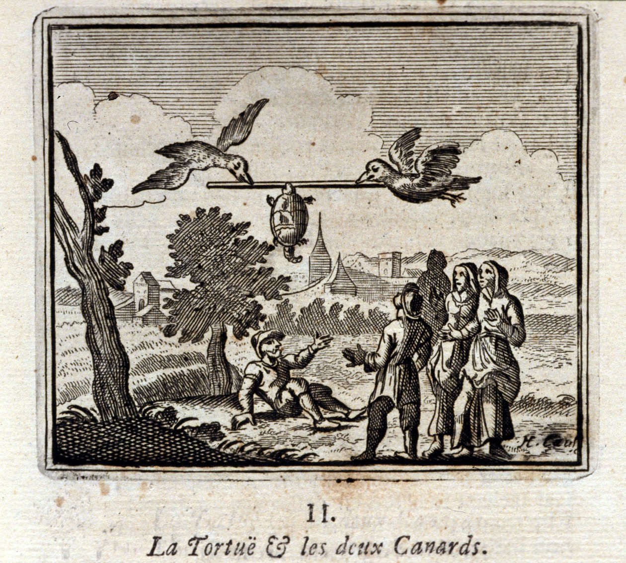 Skilpadden og de to ender. Fabler av Jean de La Fontaine (1621-95). Illustrasjon av François Chauveau (1613-1676). Utgave av 1728. av Francois Chauveau