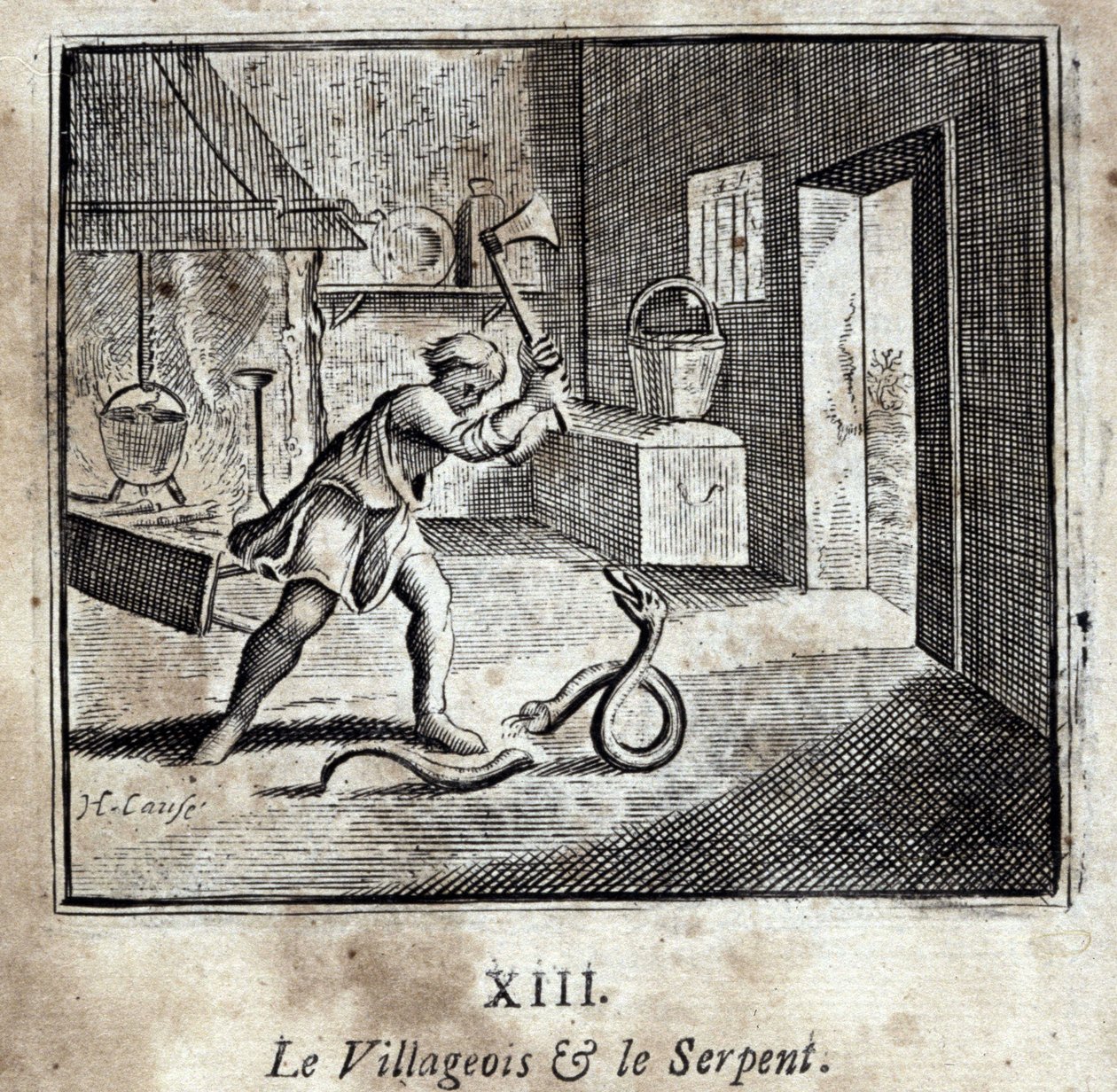 Landsbyboeren og slangen. Fabler av Jean de La Fontaine (1621-95). Illustrasjon av François Chauveau (1613-1676). Utgave av 1728. av Francois Chauveau