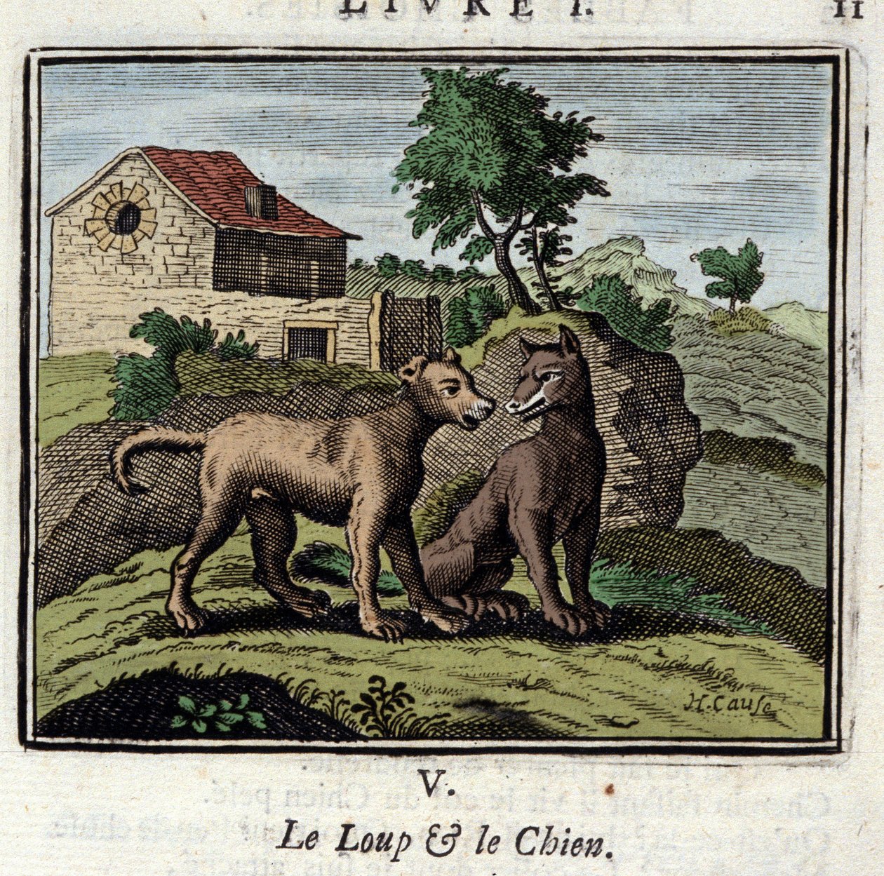 Ulven og hunden. Fabler av Jean de La Fontaine (1621-1695). Illustrasjon av Francois Chauveau (1613-1676). Utgave av 1728. av Francois Chauveau
