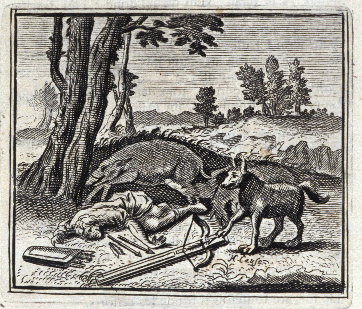 Ulven og jegeren. Fabler av Jean de La Fontaine (1621-95). Illustrasjon av Francois Chauveau (1613-1676). Utgave av 1728. av Francois Chauveau