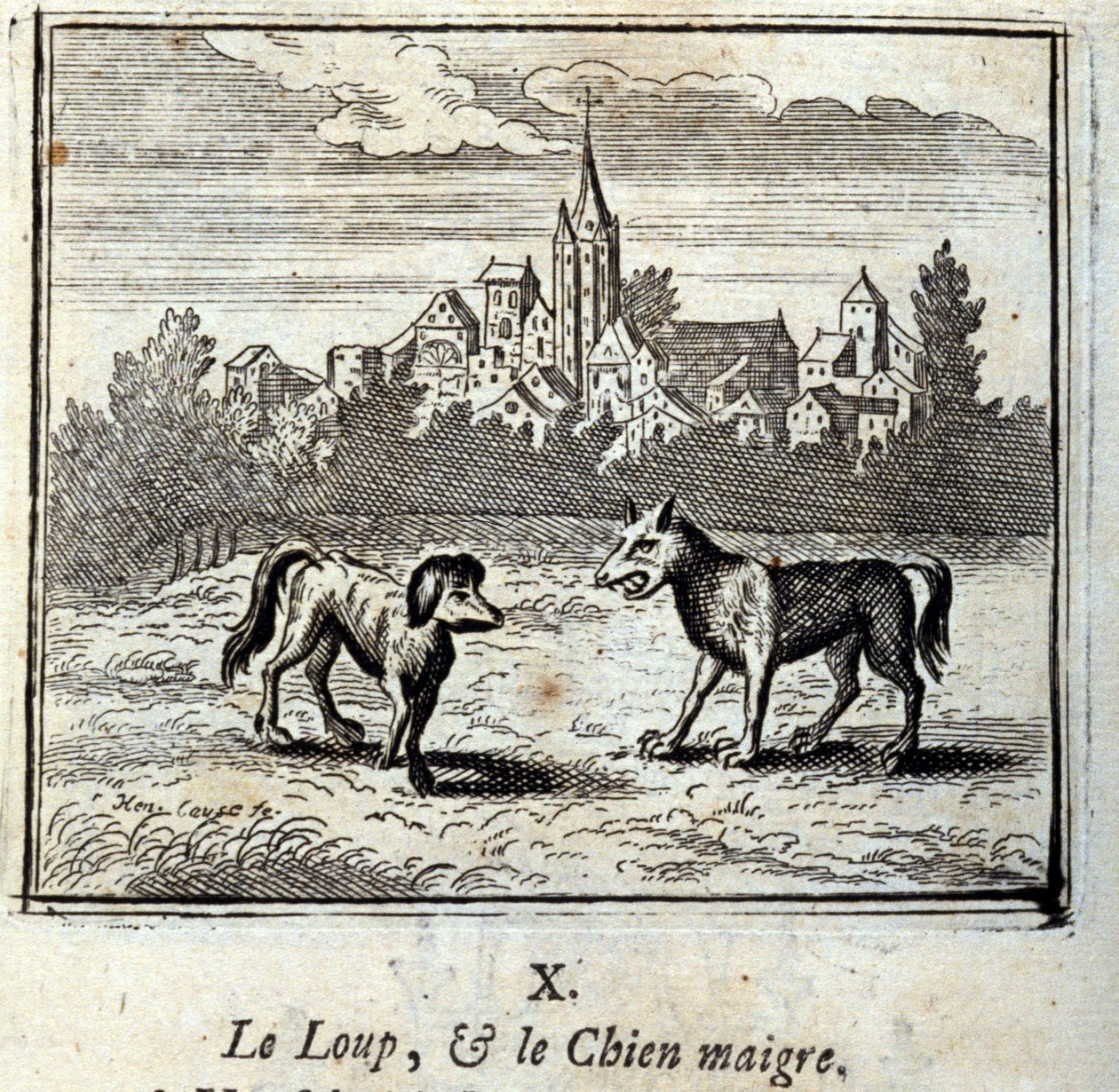Ulven og den magre hunden. Fabler av Jean de La Fontaine (1621-95). Illustrasjon av François Chauveau (1613-1676). Utgave av 1728. av Francois Chauveau